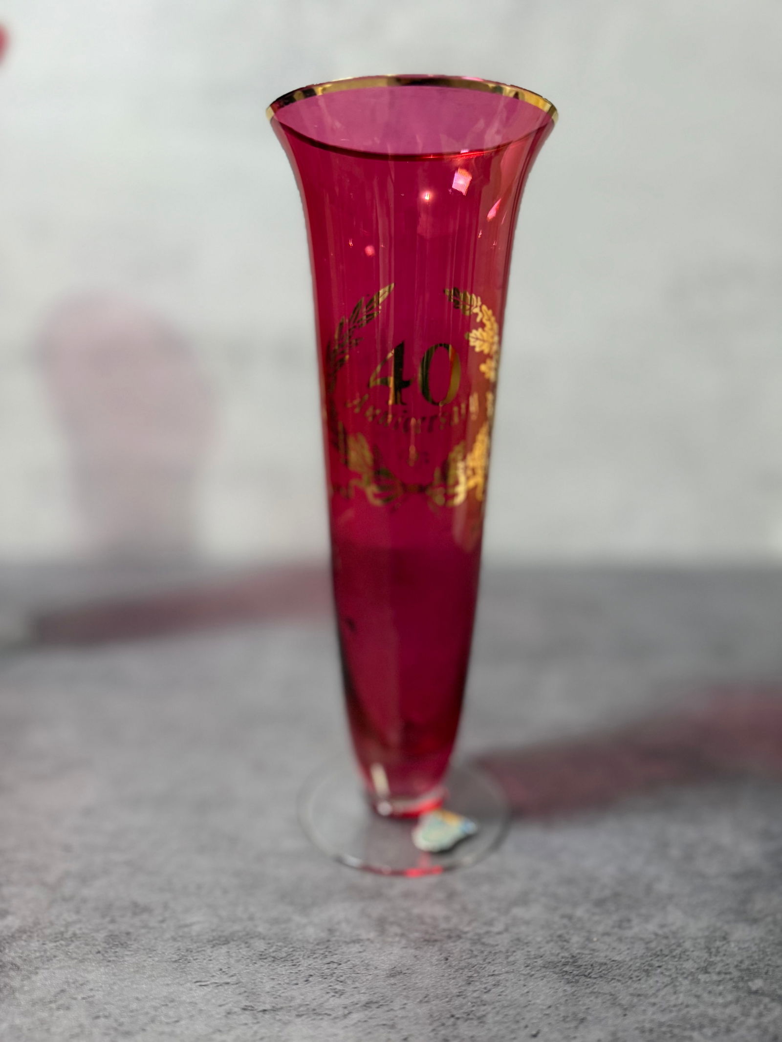 Vintage Ruby Red Glass 40th Anniversary Vases and Covered Dish, Gold Decoration Set - 3