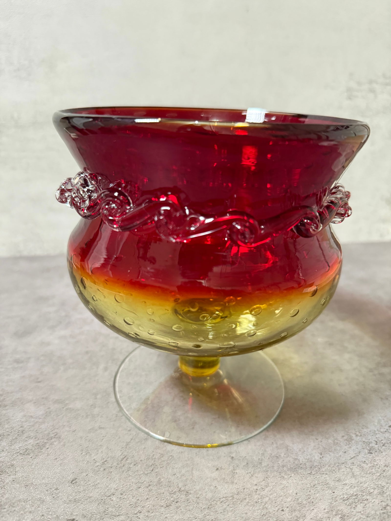 Vintage Amberina Art Glass Compote, Red to Yellow Gradient with Applied Trail Decoration - 2