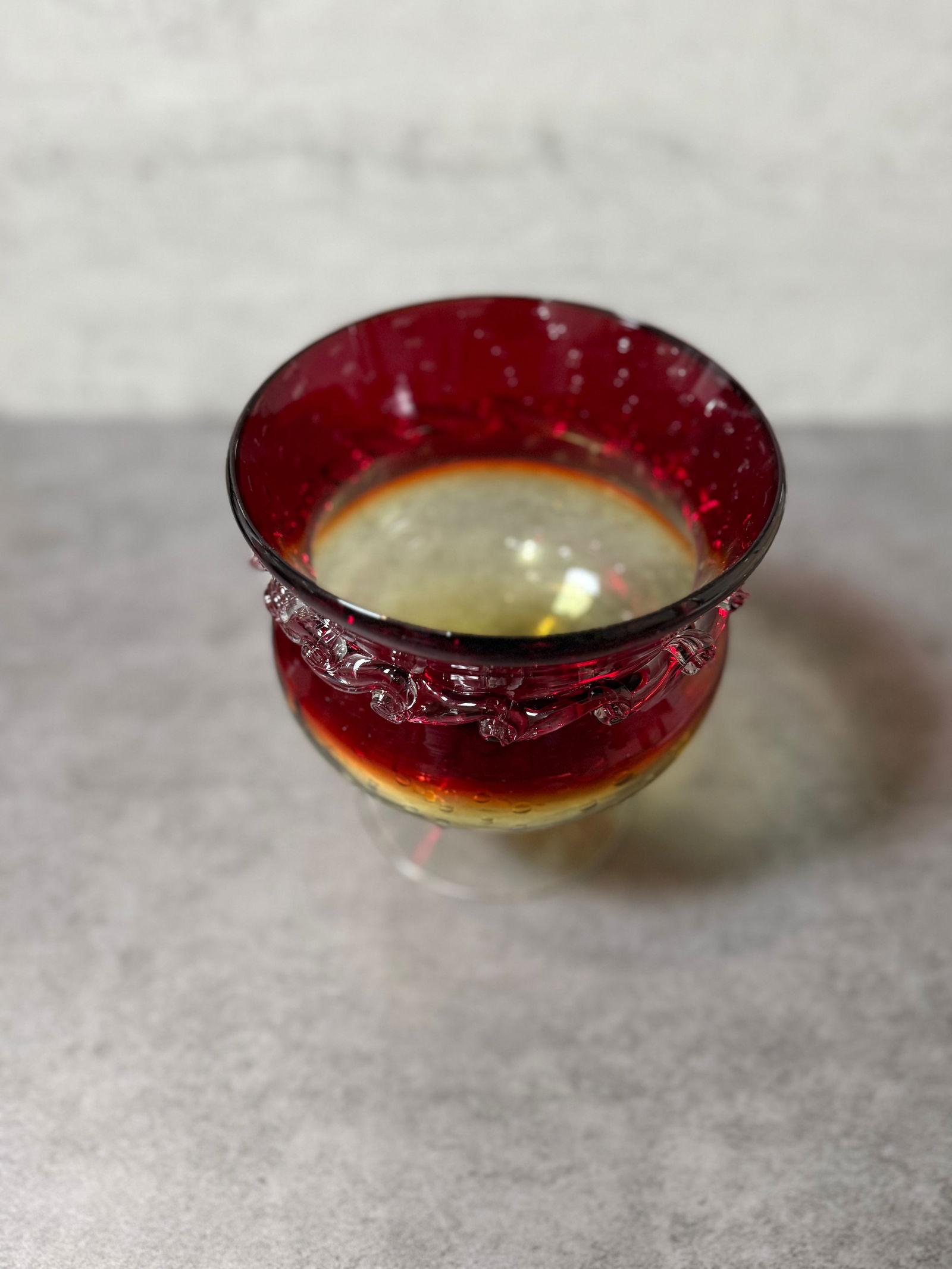 Vintage Amberina Art Glass Compote, Red to Yellow Gradient with Applied Trail Decoration - 3