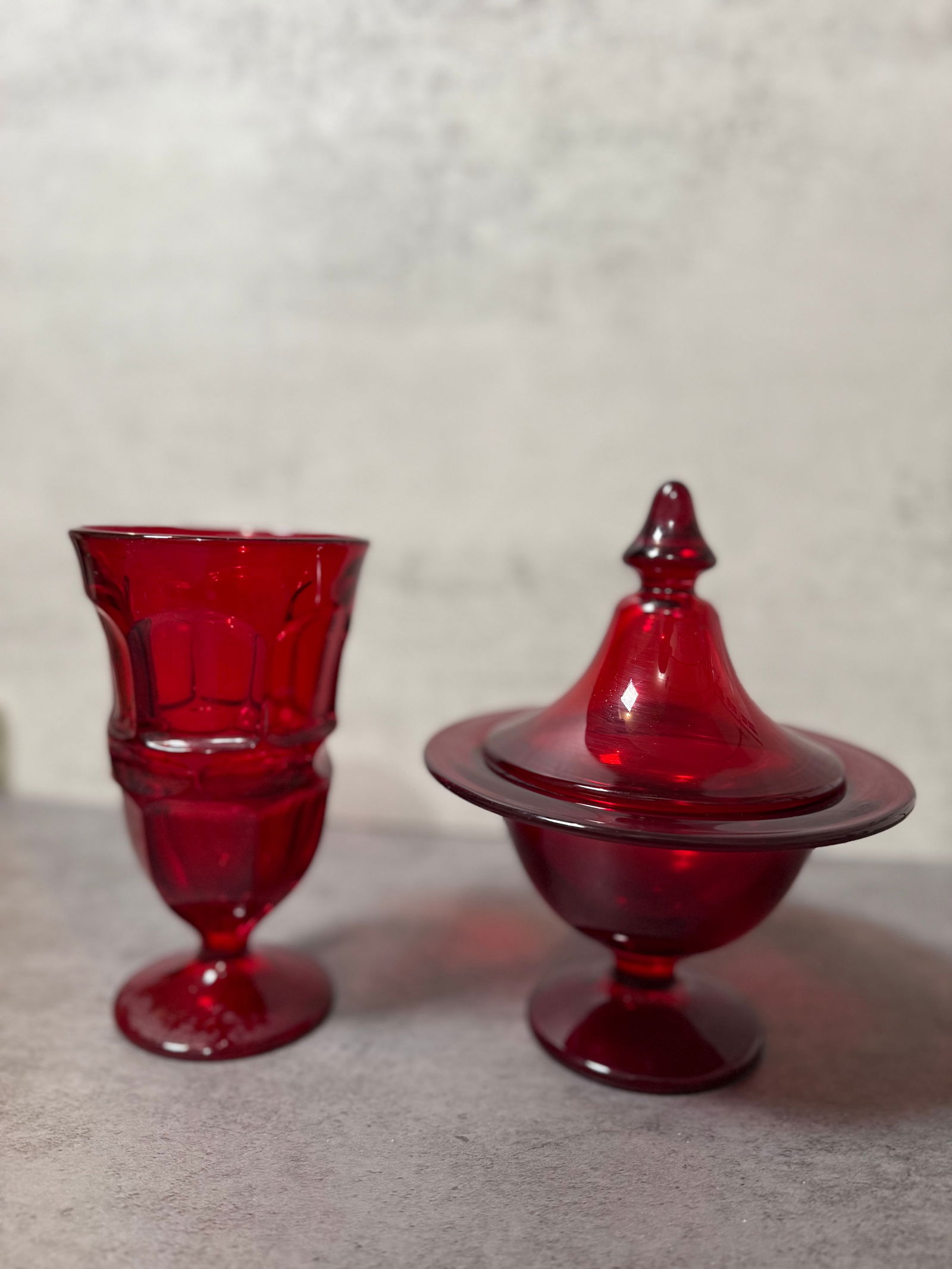Vintage Ruby Red Glass Goblet and Covered Compote, Pressed Glass Decorative Pair (1 of 3)