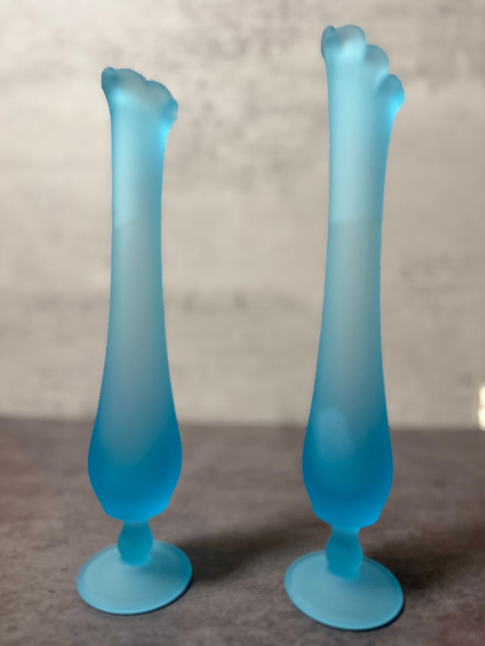 Vintage Satin Glass Bud Vase Pair, Frosted Blue, Elegant Form (1 of 3)