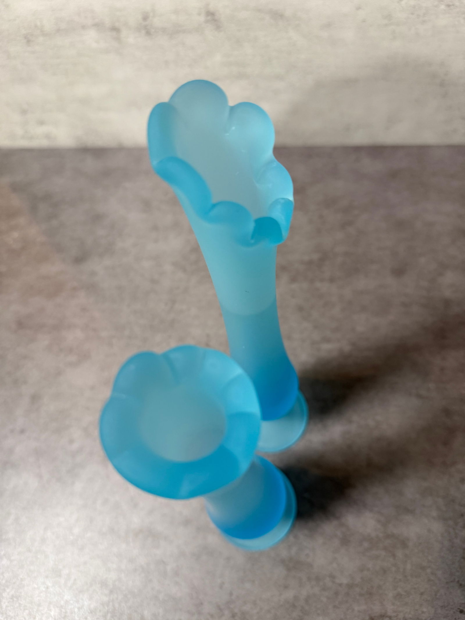 Vintage Satin Glass Bud Vase Pair, Frosted Blue, Elegant Form - 2