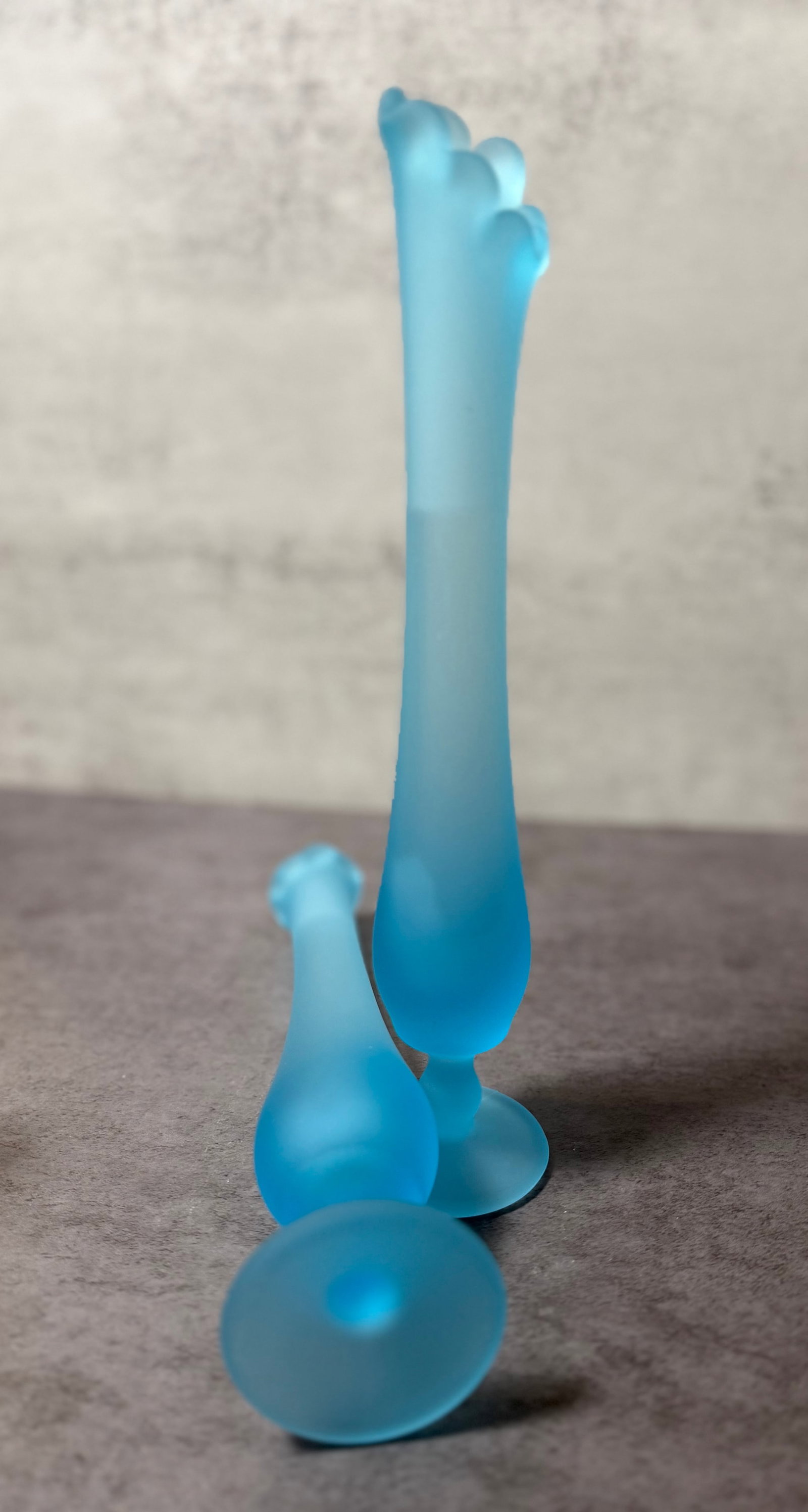 Vintage Satin Glass Bud Vase Pair, Frosted Blue, Elegant Form - 3