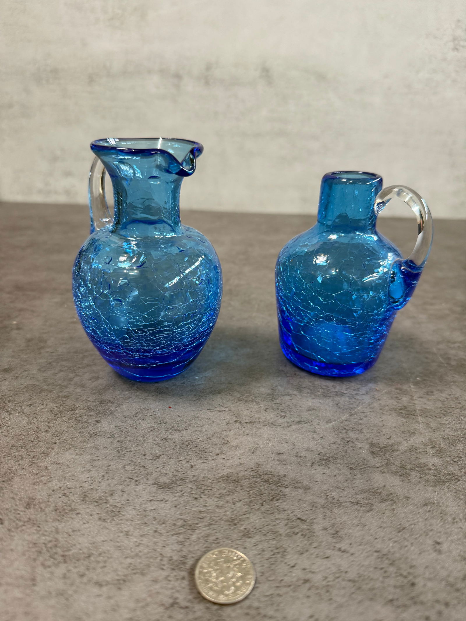 Charming Pair of Vintage Blue Crackle Glass Mini Pitchers, Handled, Decorative Accent - 2