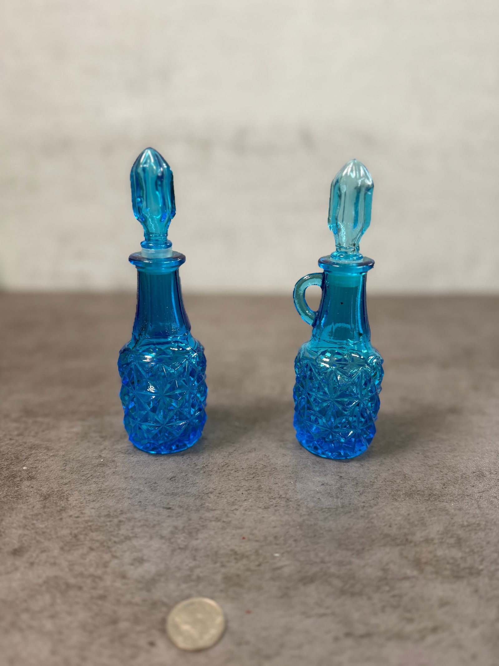 Vintage Blue Glass Mini Perfume Bottles Pair with Stoppers, Cut Pattern, Decorative Set (1 of 3)