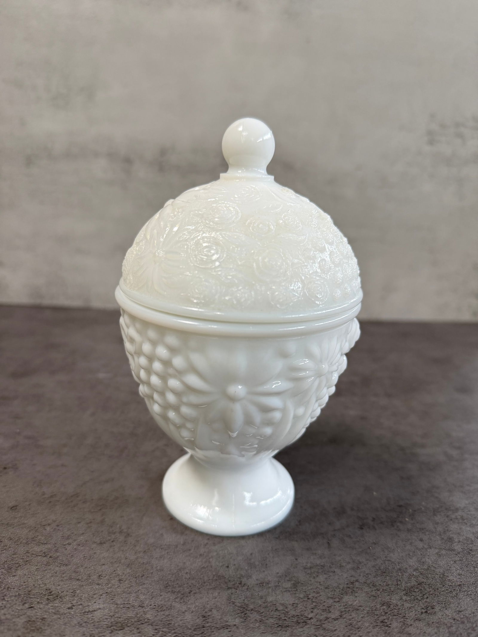 Elegant Vintage Milk Glass Serving & Decorative Group, Gilt Rim Dish, Footed Bowl & Covered Jar - 5