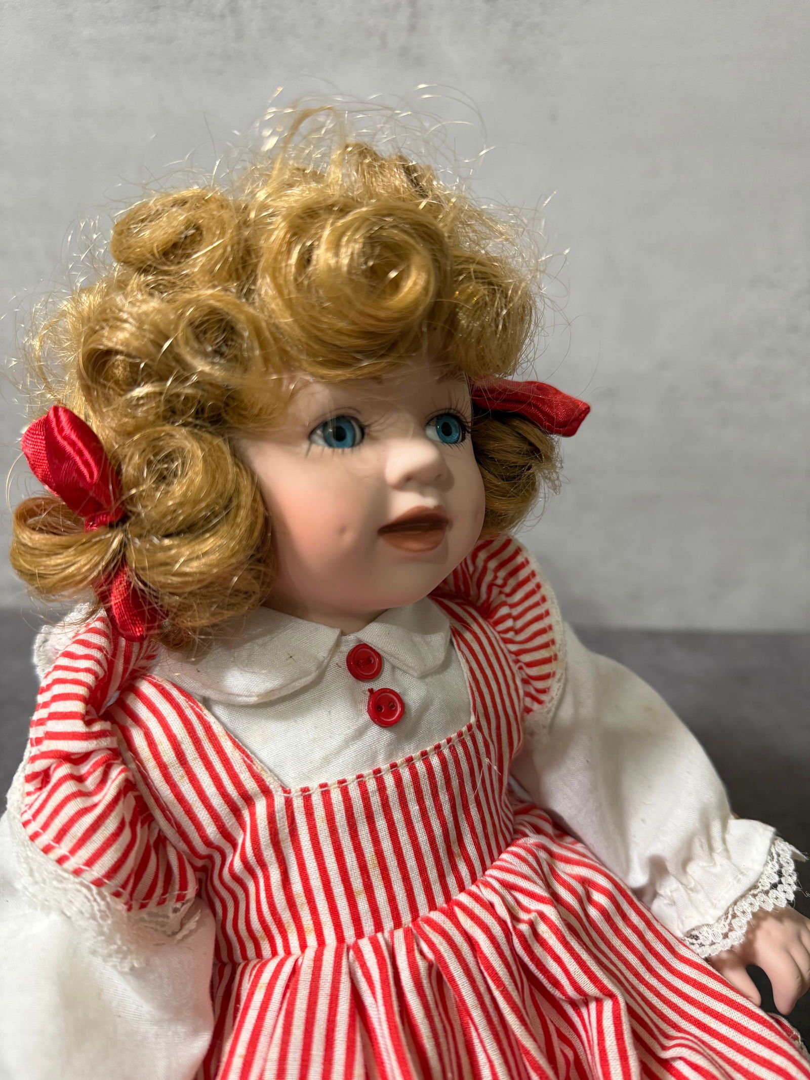 Vintage Porcelain Doll with Curly Hair, Blue Eyes, Red & White Dress, Collectible Decorative Figure - 2