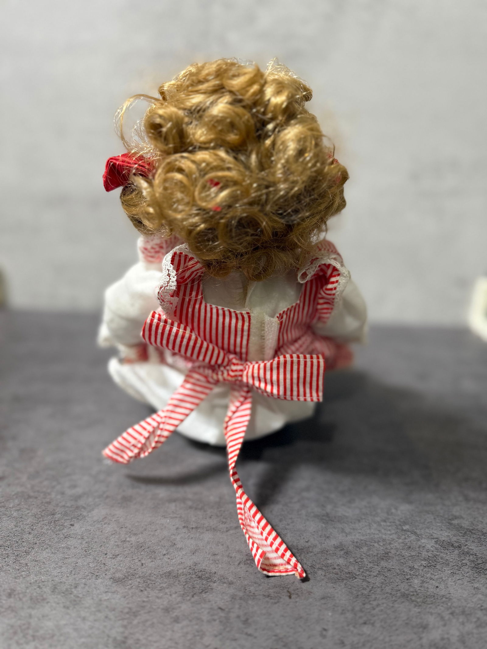 Vintage Porcelain Doll with Curly Hair, Blue Eyes, Red & White Dress, Collectible Decorative Figure - 3