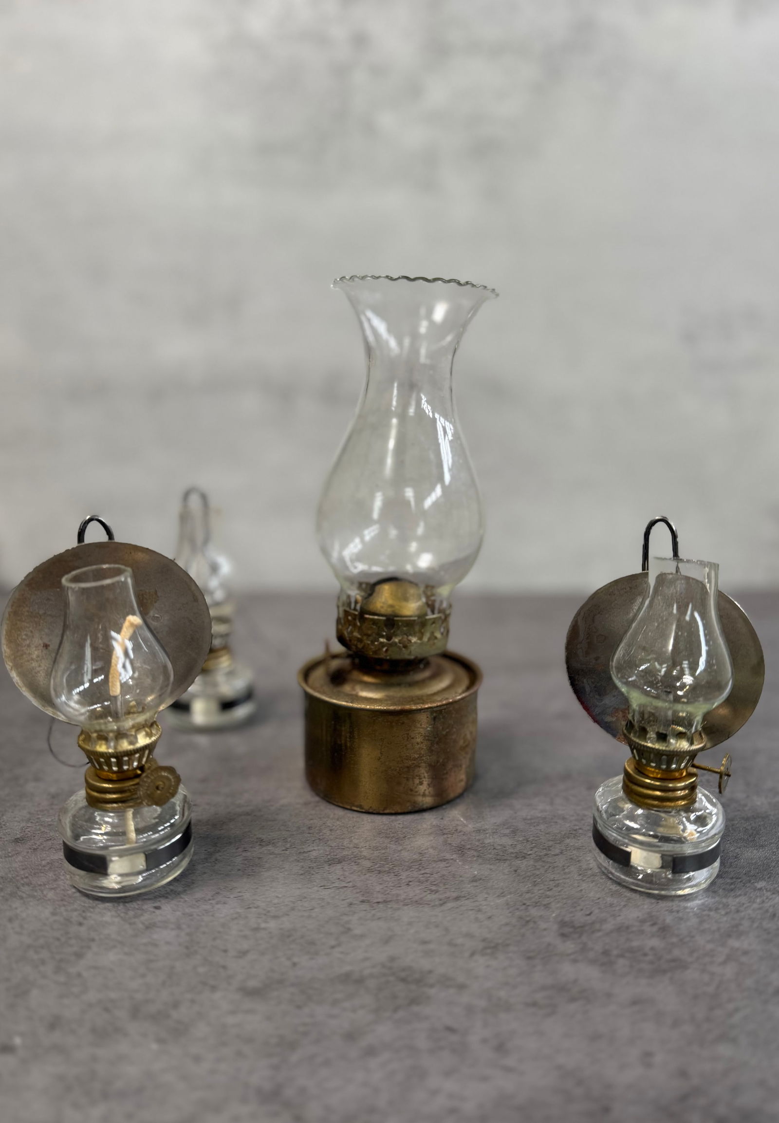 Lot of 4 Vintage Oil Lamps, Miniature Glass Kerosene Lamps & One Larger Brass Base Lamp (1 of 2)