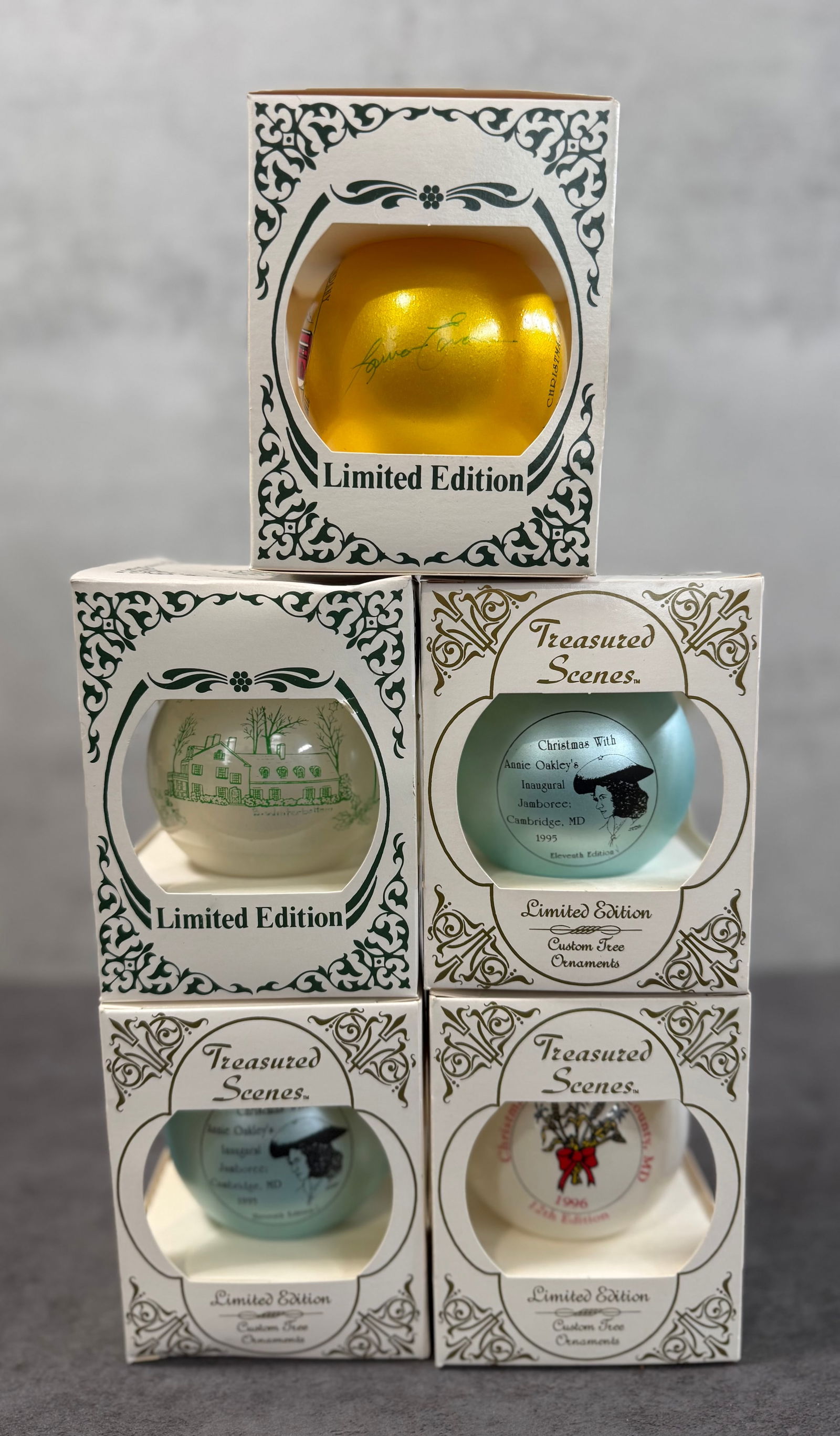 Lot of 5 Limited Edition Christmas Ornaments, Treasured Scenes Holiday Baubles in Original Boxes: A collection of five limited edition Christmas ornaments, including examples from the “Treasured Scenes” series, each housed in its original presentation box.These ornaments feature printed