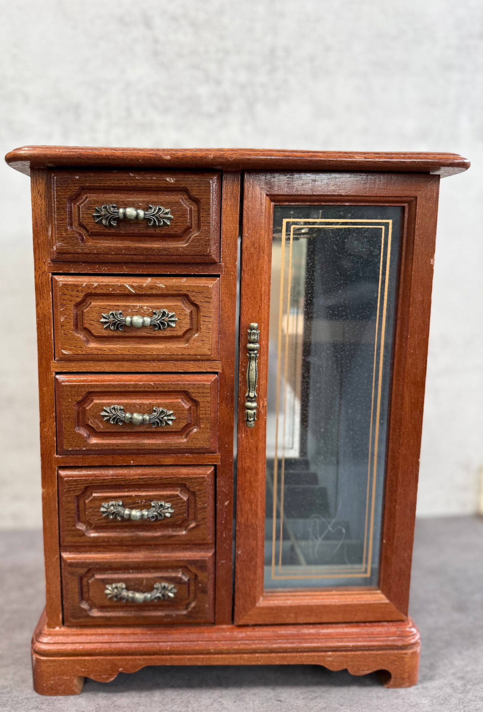 Vintage Mini Wooden Jewelry Armoire Cabinet, Glass Door, Multiple Drawers (1 of 2)
