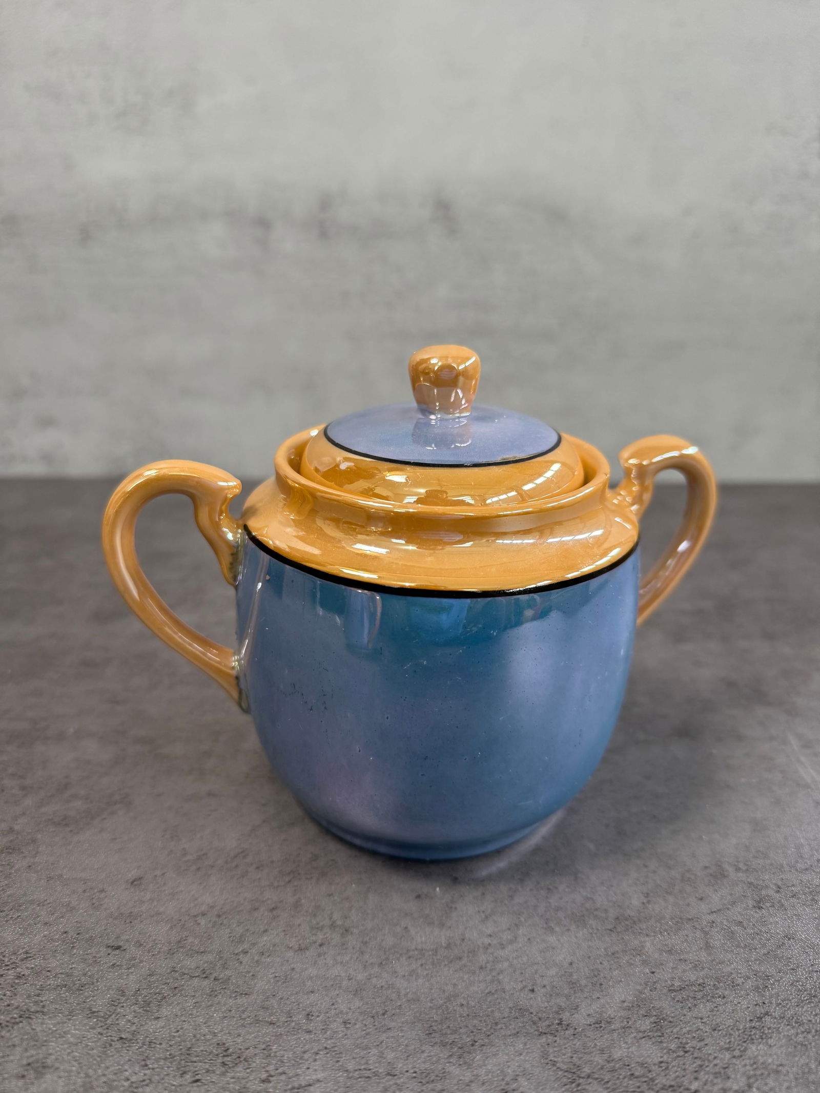 Vintage Blue & Ochre Glazed Ceramic Tea Set, Teapot, Sugar Bowl & Creamer (3 pcs): A charming vintage ceramic tea service featuring a coordinated three-piece set, including a teapot, covered sugar bowl, and creamer. Each piece is finished in a rich gradient blue glaze complemented