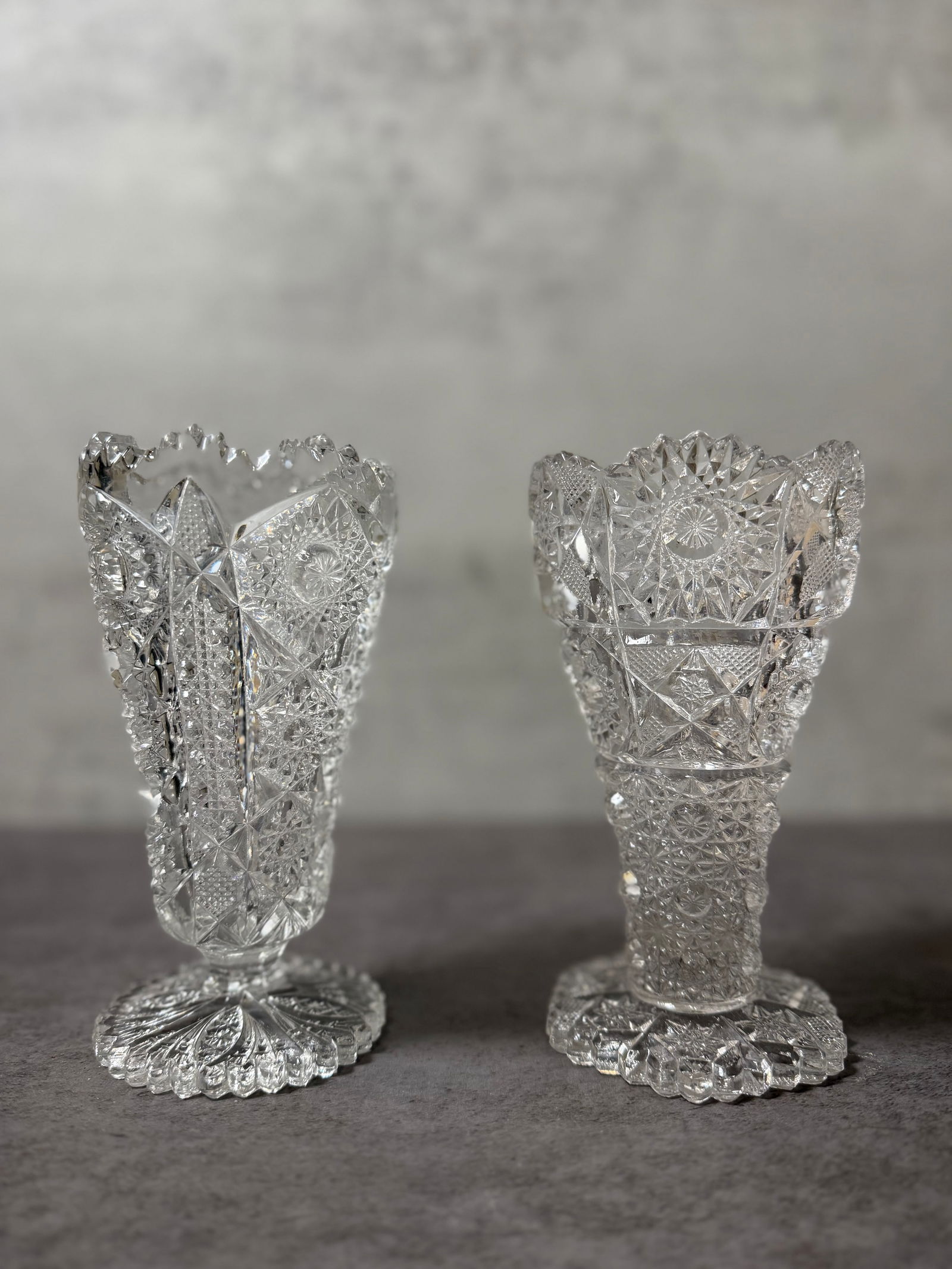 Vintage Pressed Glass Pedestal Vases, Cut Style Pattern (2 pcs) (1 of 3)