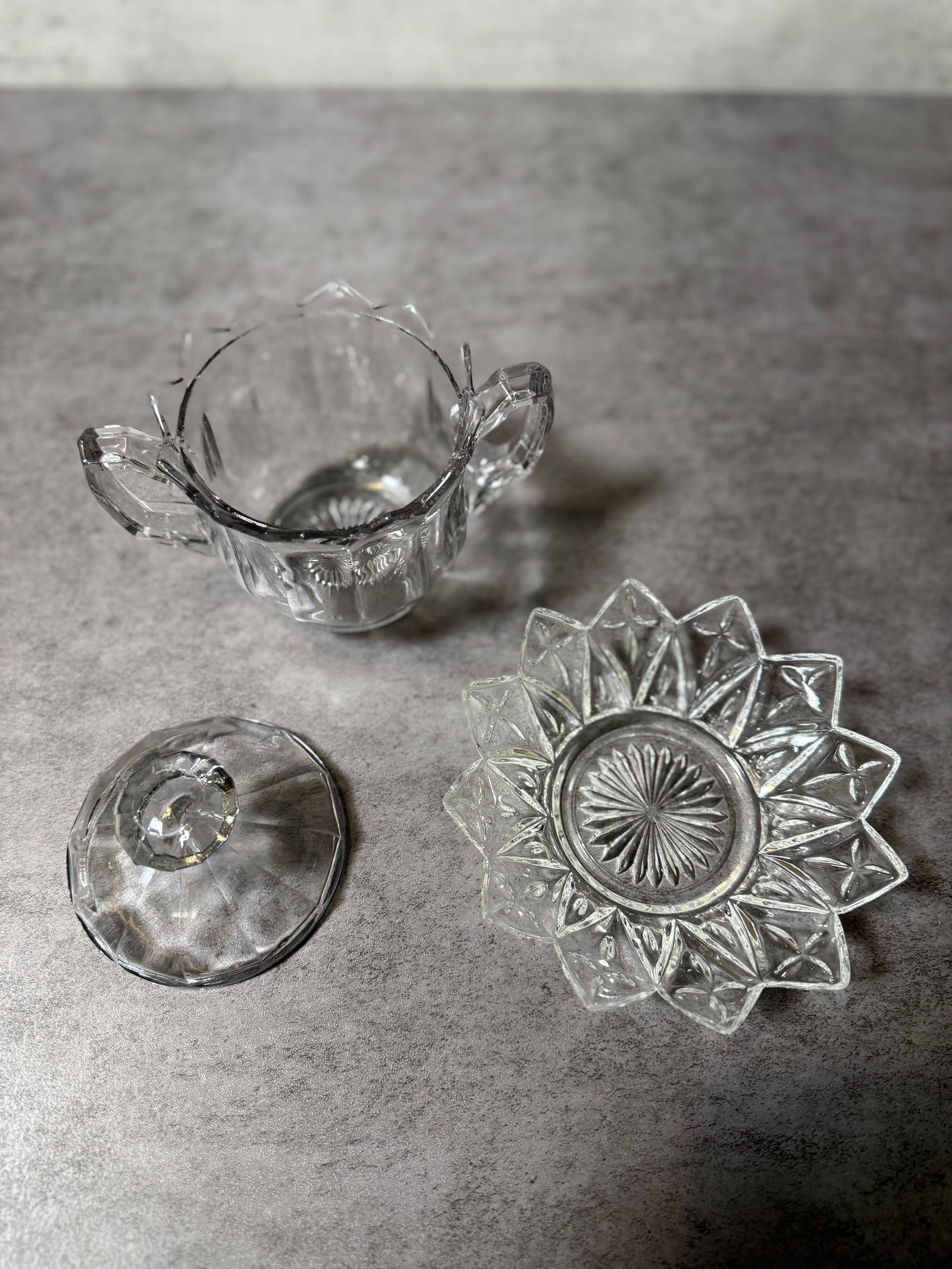 Vintage Pressed Glass Sugar Bowl with Lid & Star Pattern Plate (2 pcs) - 2