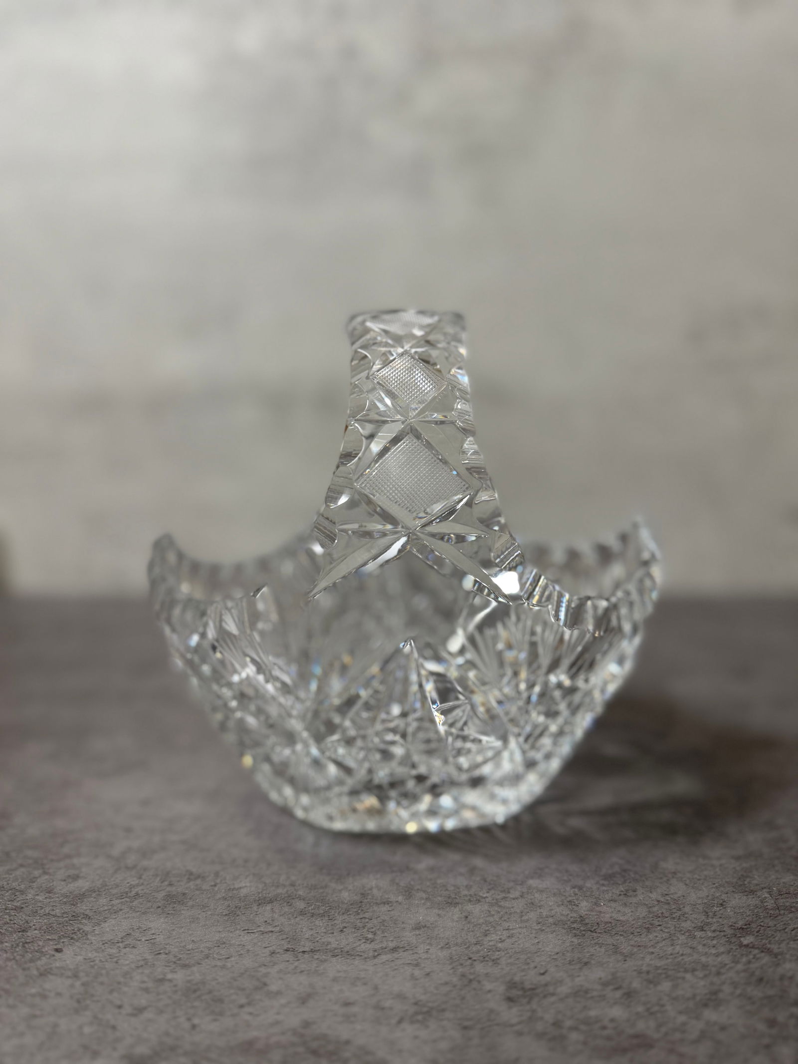 Vintage Cut Style Glass Basket with Handle, Star & Geometric Pattern (1 of 4)