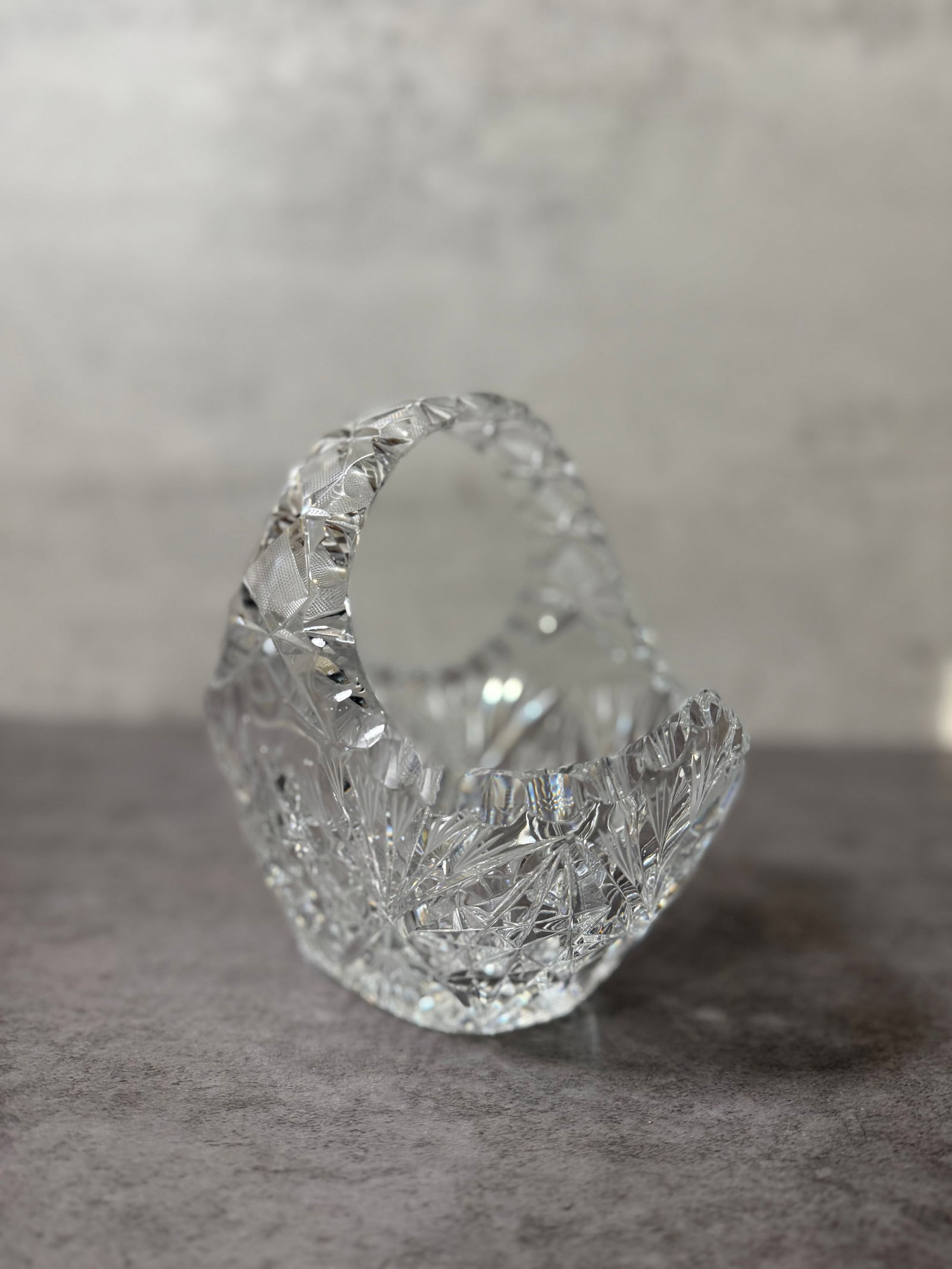 Vintage Cut Style Glass Basket with Handle, Star & Geometric Pattern - 2