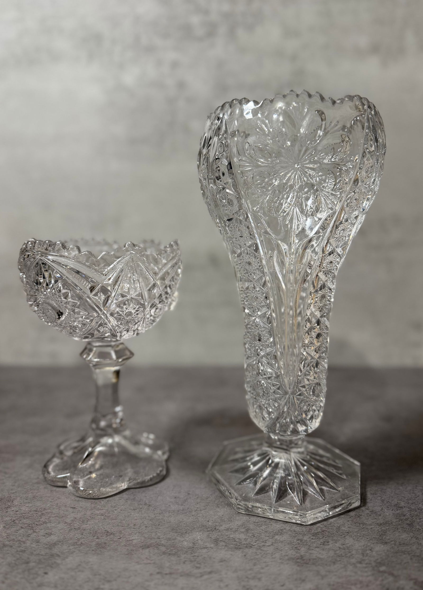 Vintage Pressed Glass Collection, Vase & Pedestal Bowls, Cut Style (3 pcs) - 3