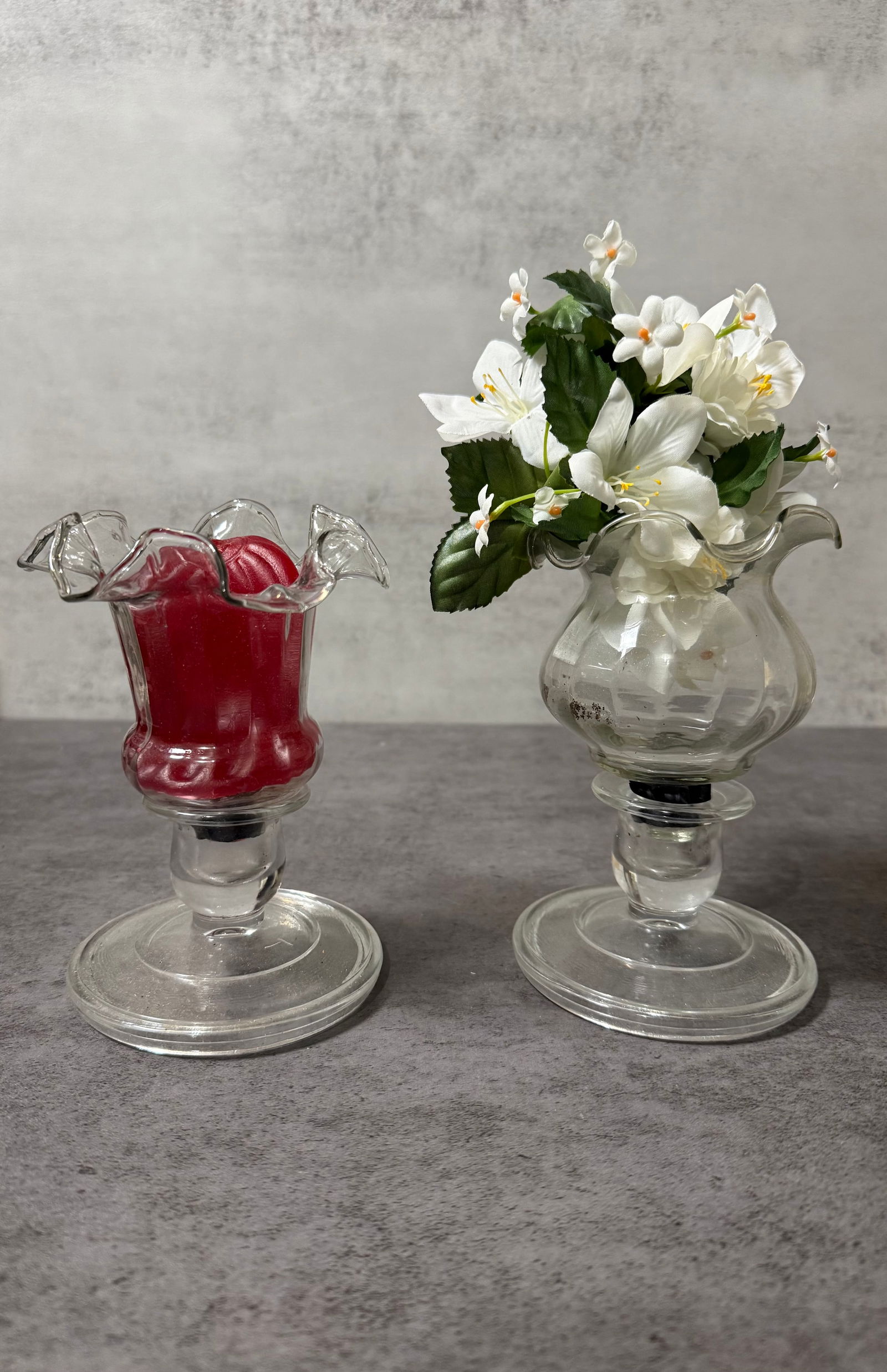 Crystal Glass Candle Holder Vase Set 2 Ruffled Edge Pedestal 1203-BL NIB: A charming set of two clear crystal glass candle holders / bud vases featuring elegant ruffled and crimped rim details atop a classic pedestal base. Model number 1203-BL. Each piece has a removable