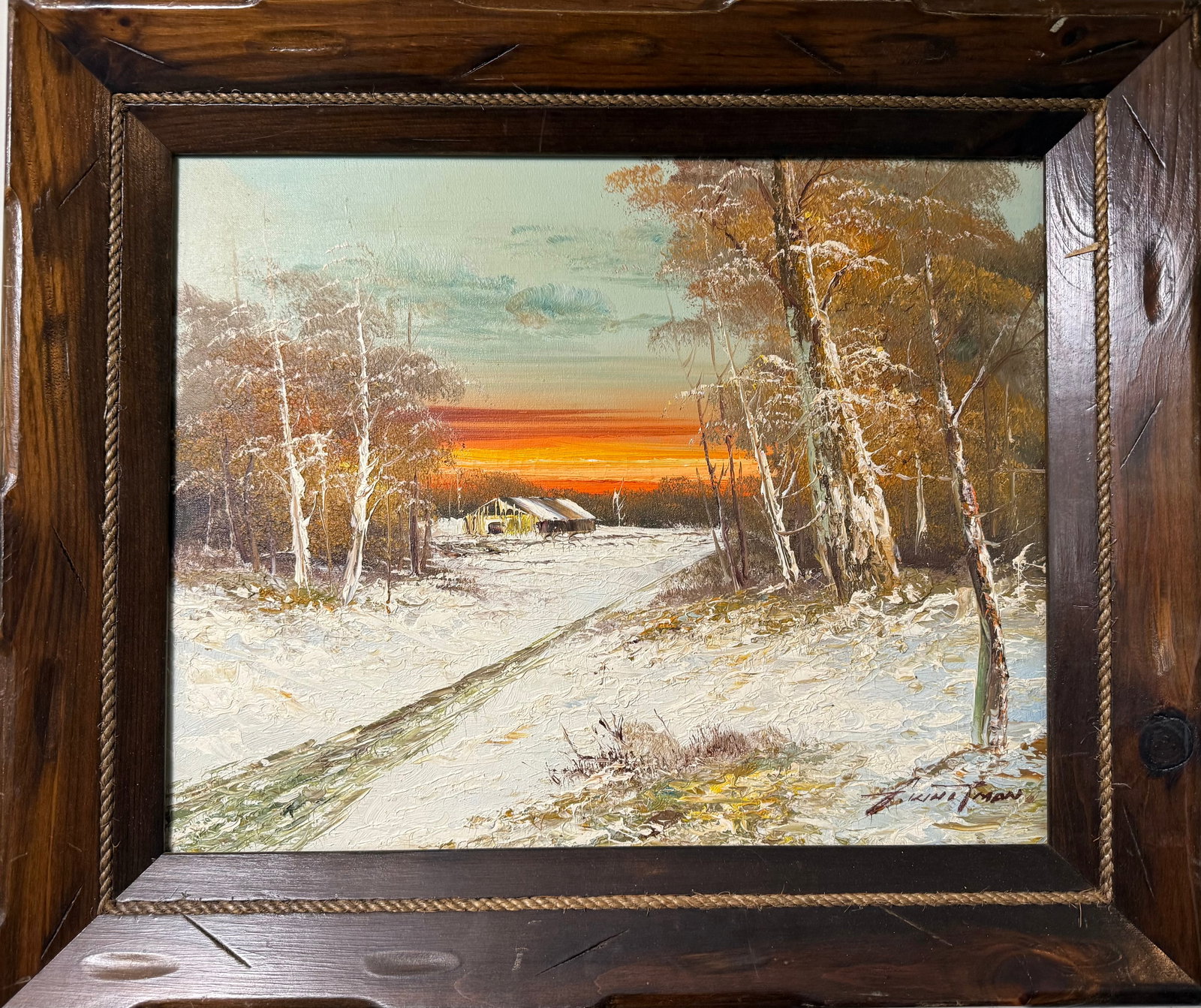 Winter Sunset Landscape Oil on Canvas, Signed, 25 x 21 in - 2