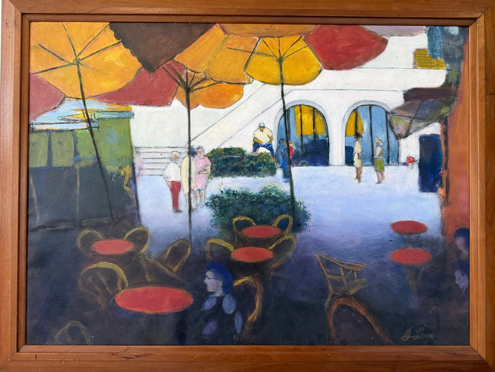 Continental Café Scene with Figures and Parasols, Oil on Canvas, 34 x 28.5 in - 2