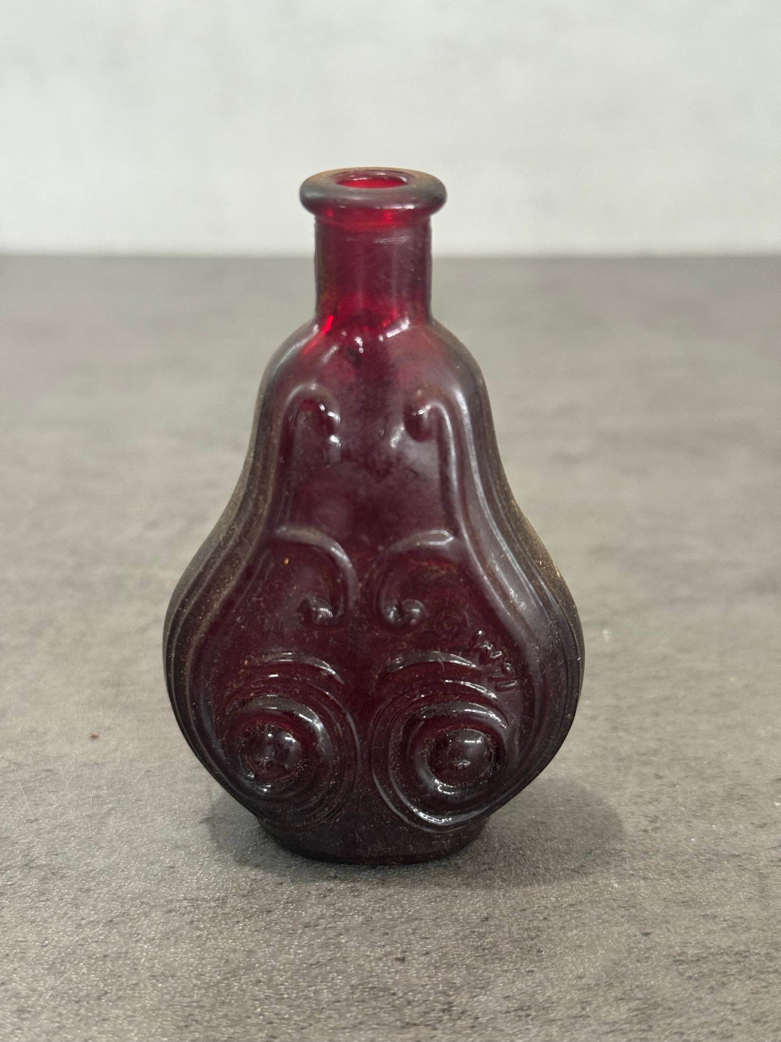 Vintage Wheaton Miniature Ruby Red Glass Scroll Flask Bottle - 2