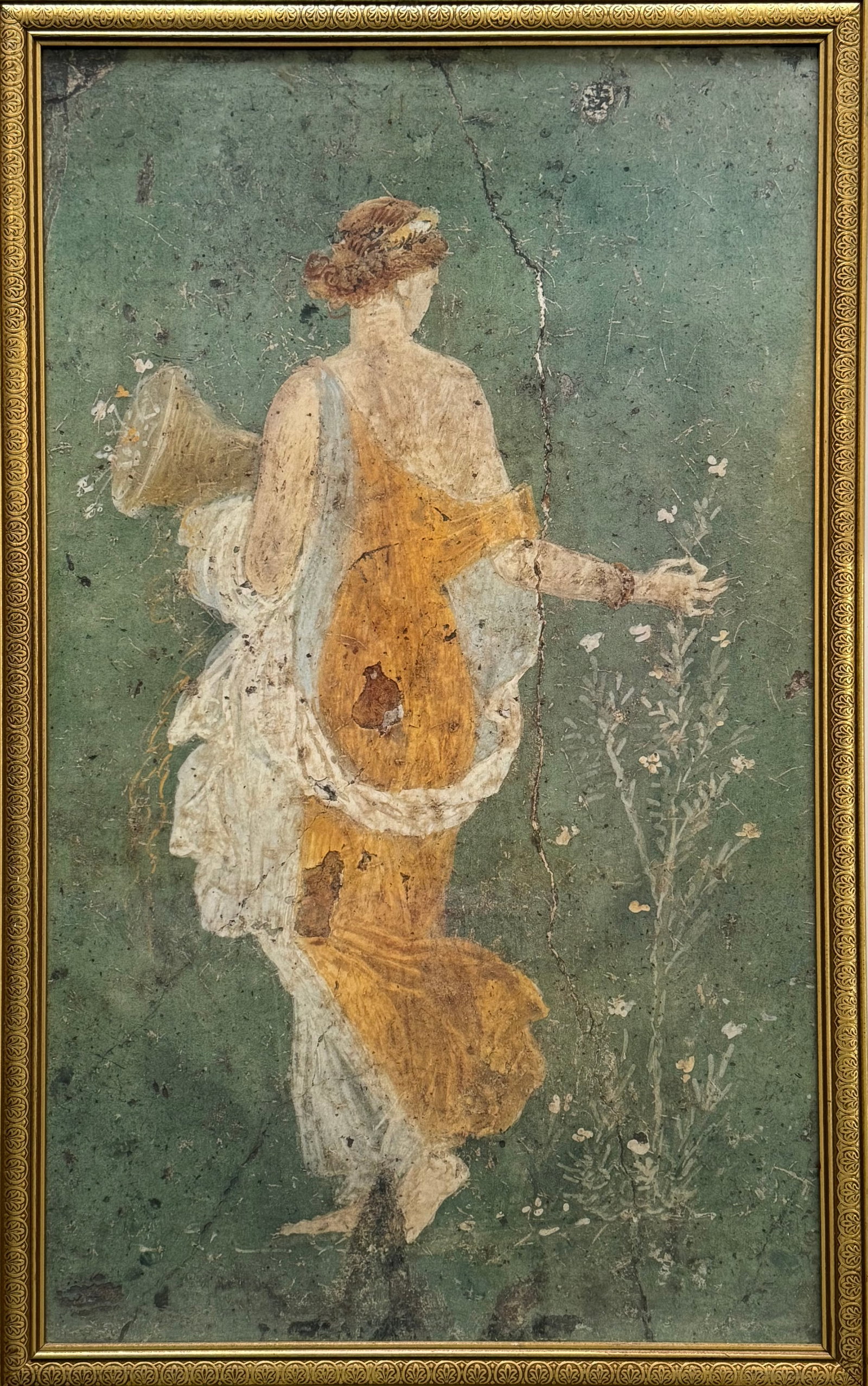 Vintage Classical Style Figural Print Under Glass in Gilt Frame: Vintage decorative print depicting a classical female figure in flowing drapery, rendered in the manner of an ancient fresco or Greco-Roman wall painting. Presented under glass within an ornate