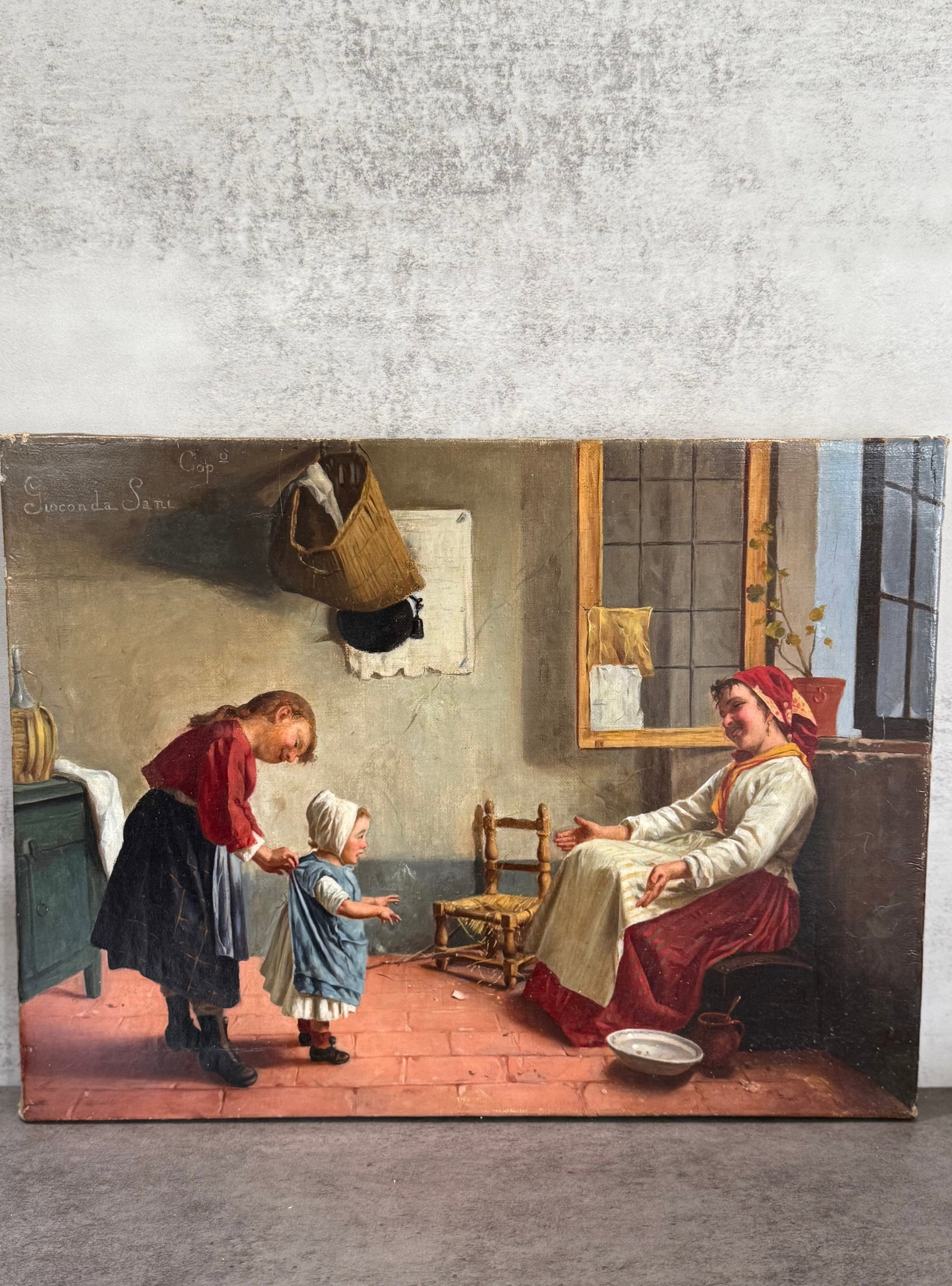 Continental Genre Scene Painting on Canvas After Gioconda Sani: Decorative continental genre scene depicting figures within an interior setting, executed in the manner of traditional European academic painting. Presented on canvas with visible craquelure and aged
