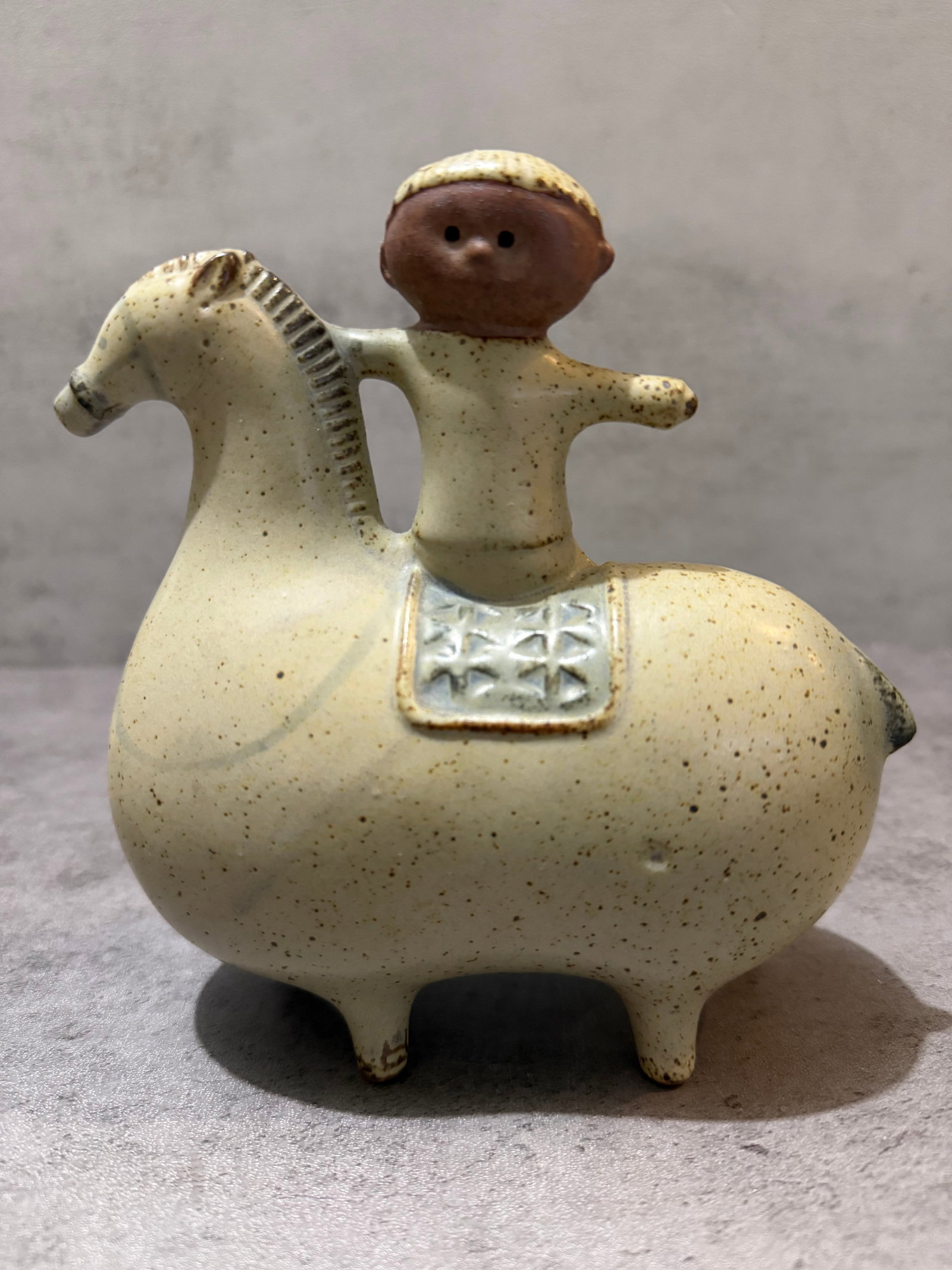 Vintage Mod Horse and Boy Ceramic Figurine - Lisa Larson Gustavsberg and Stid Lindberg Style: Vintage ceramic figurine depicting a stylized boy seated atop a rounded horse form, executed in a Scandinavian modernist manner reminiscent of mid-century Nordic studio pottery designs. Featuring a