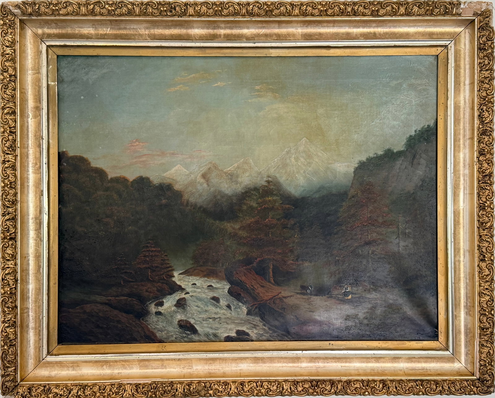 Antique Mountain Landscape Oil on Canvas Painting: Antique oil on canvas landscape painting depicting a mountainous river valley with rushing water, forested cliffs, and distant snow-capped peaks beneath an atmospheric sky. Small figures and