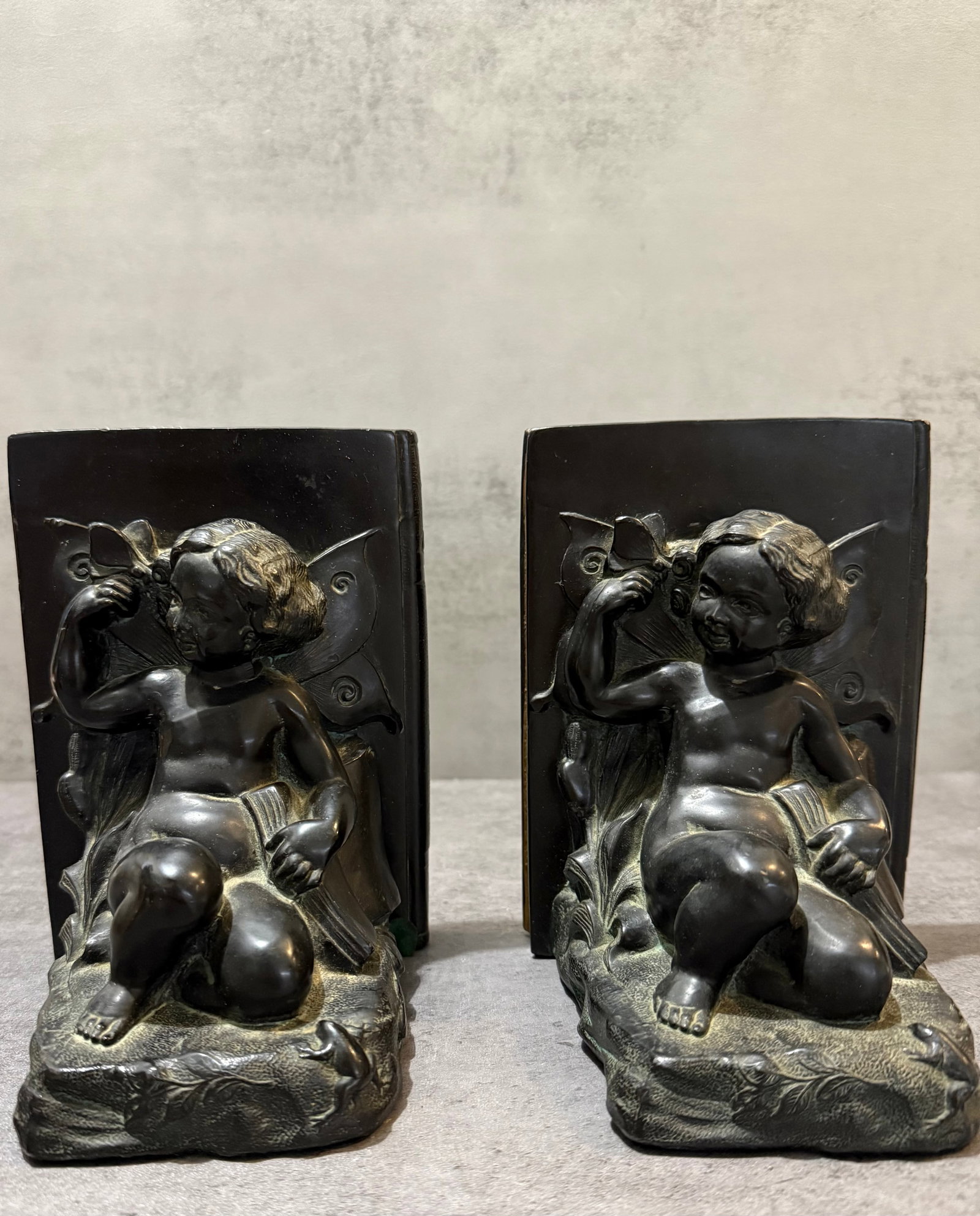 Pair of Art Nouveau Style Cast Metal Fairy Cherub Bookends (1 of 3)