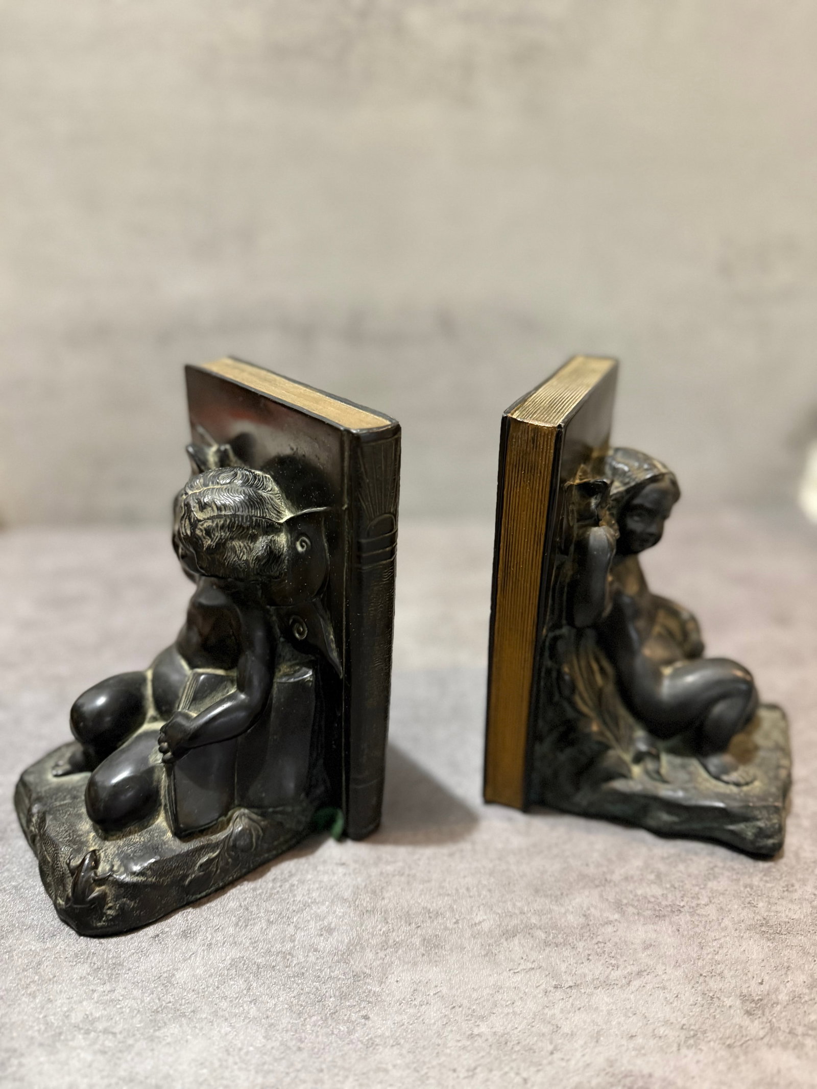 Pair of Art Nouveau Style Cast Metal Fairy Cherub Bookends - 2