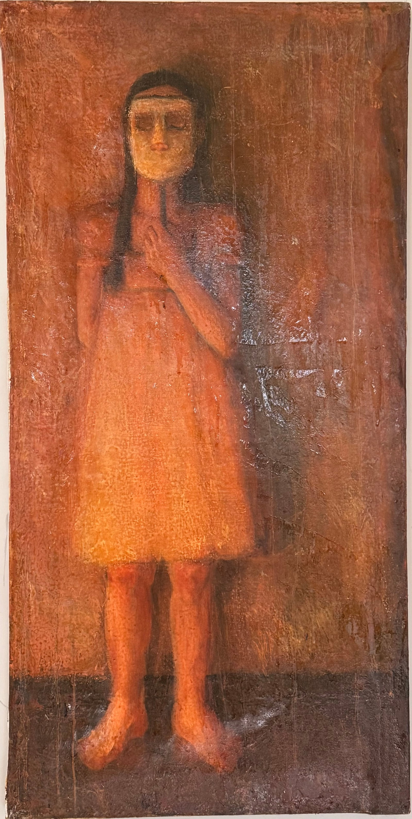 Expressionist Figural Oil on Canvas in the Style of Tamás Kárpáti: Atmospheric modern expressionist figural painting depicting a standing female figure rendered in warm earthy tones with a heavily textured surface. The composition displays a moody, introspective