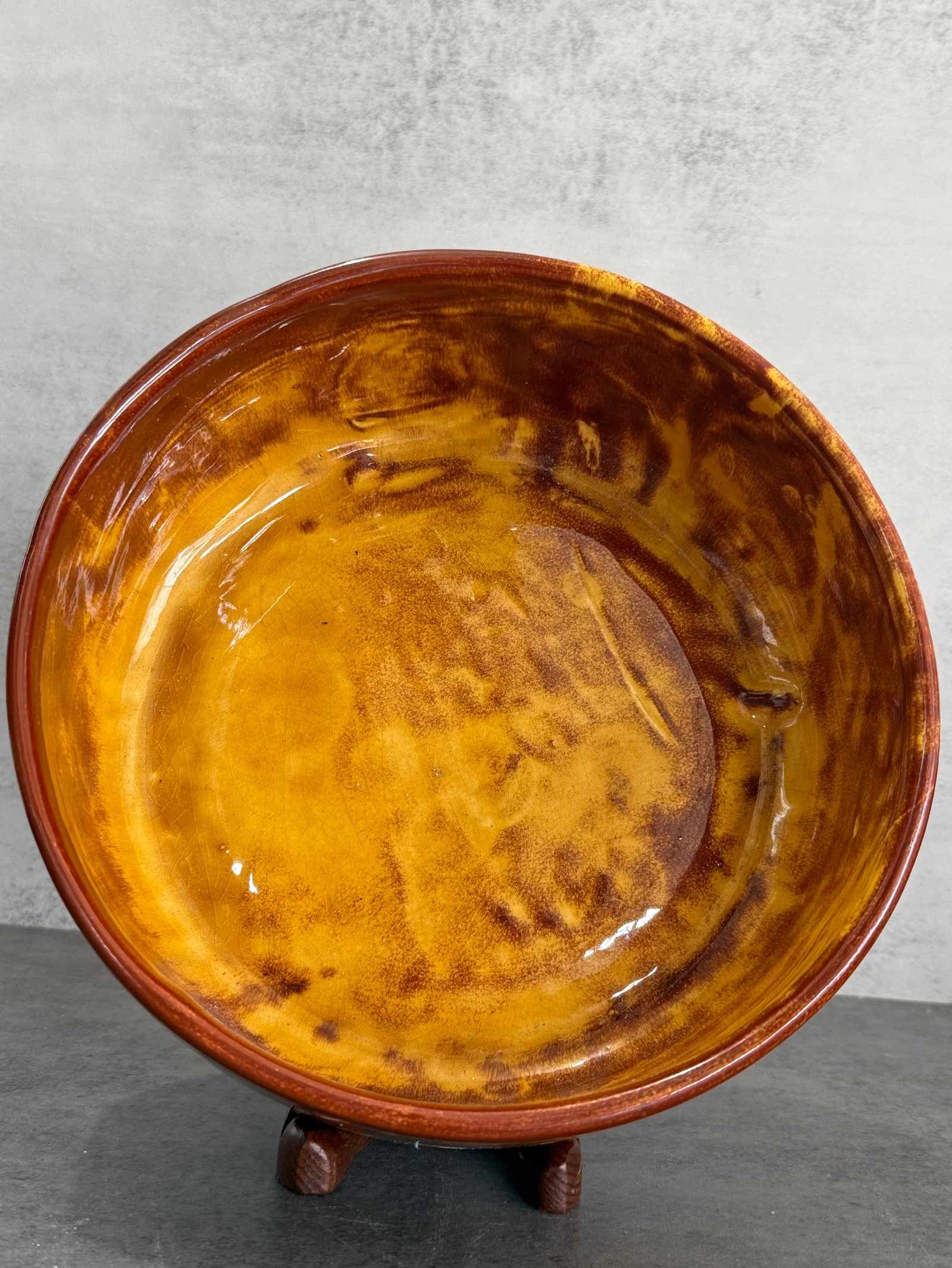 Haeger Style Drip Glaze Pottery Bowl Planter: Decorative pottery planter bowl featuring a rich yellow and brown drip glaze with an earthy studio pottery aesthetic. Rounded form with glossy variegated glaze throughout, displaying strong