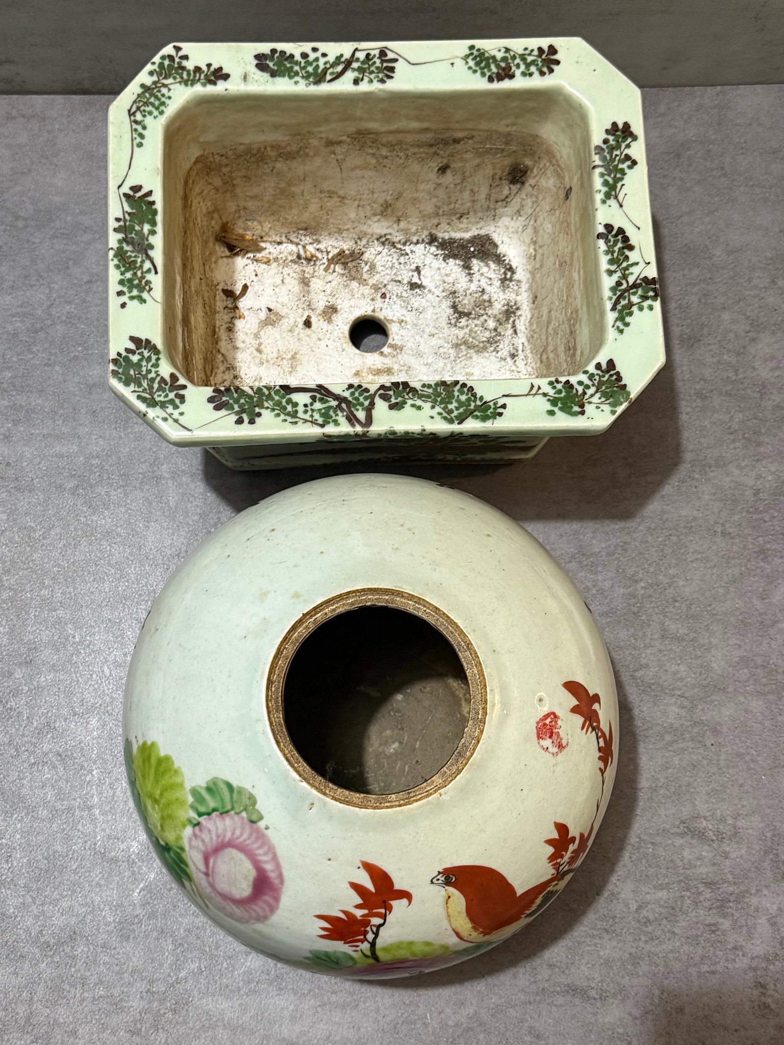 Chinese Famille Rose Porcelain Planter and Covered Jar Base with Bird & Floral Decoration - 2