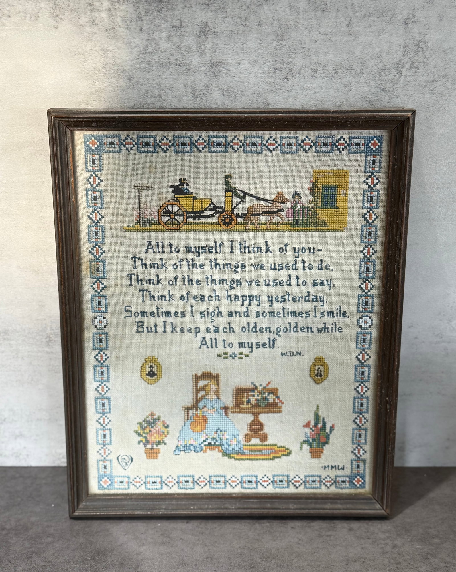 Framed Needlework Sampler with Verse and Figural Decoration (1 of 1)