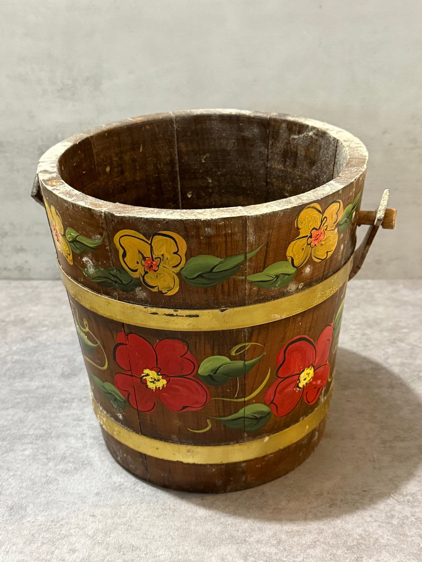 Vintage Hand-Painted Folk Art Wooden Bucket Planter - 2