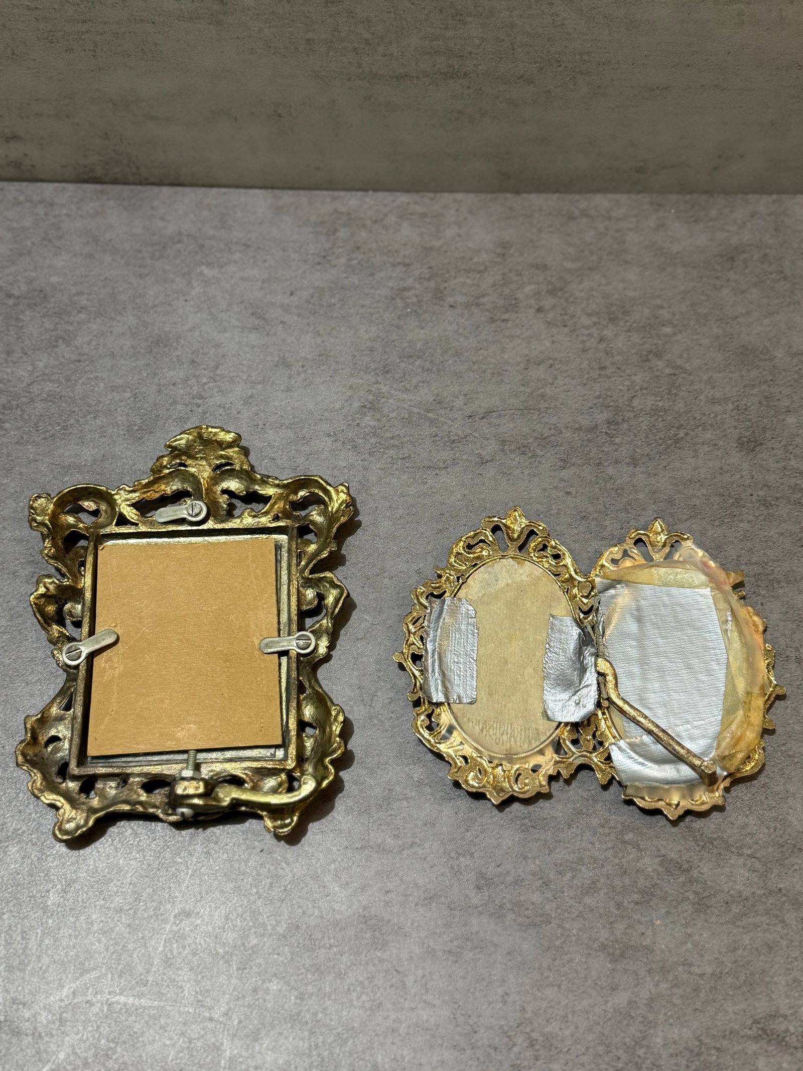 Two Ornate Rococo Style Heavy Gilt Metal Easel Back Picture Frames - 2