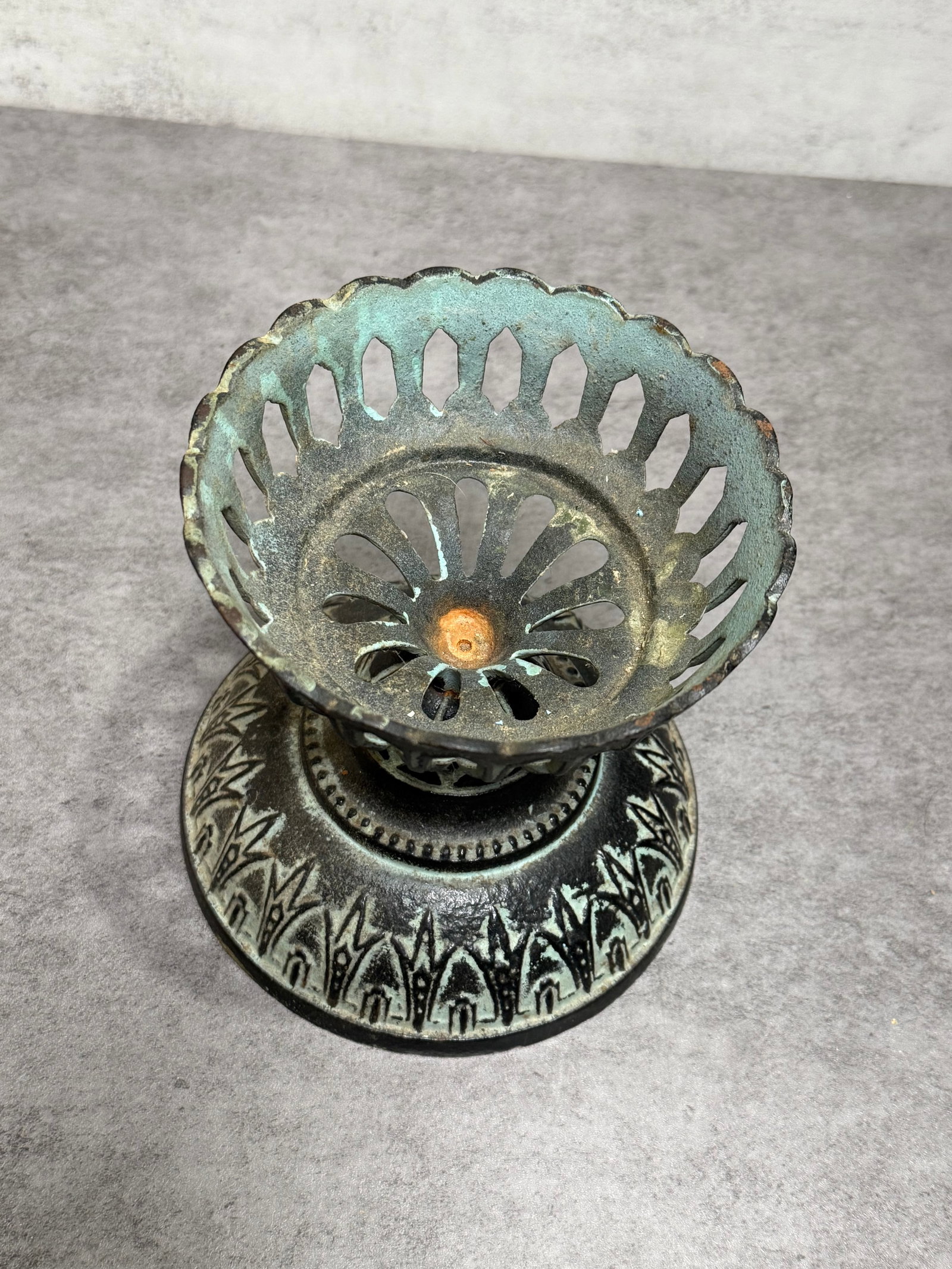 Vintage Gothic Revival Green Cast Iron Pedestal Candle Holder - 2