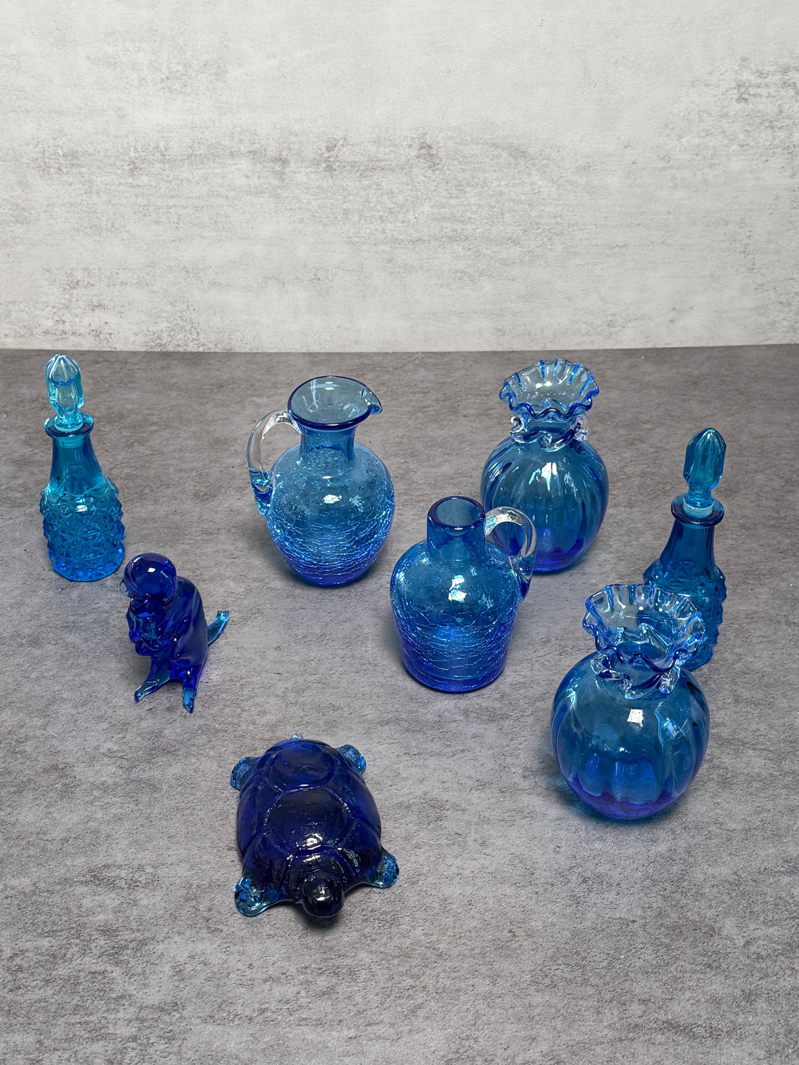 GROUP OF COBALT BLUE ART GLASS DECANTERS, VASES & FIGURALS (1 of 1)