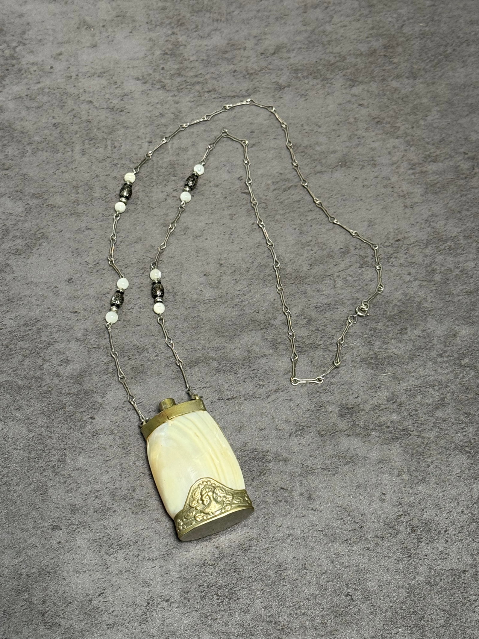 Vintage Mother of Pearl Snuff Bottle Necklace: Ornate Metal Trim (1 of 2)