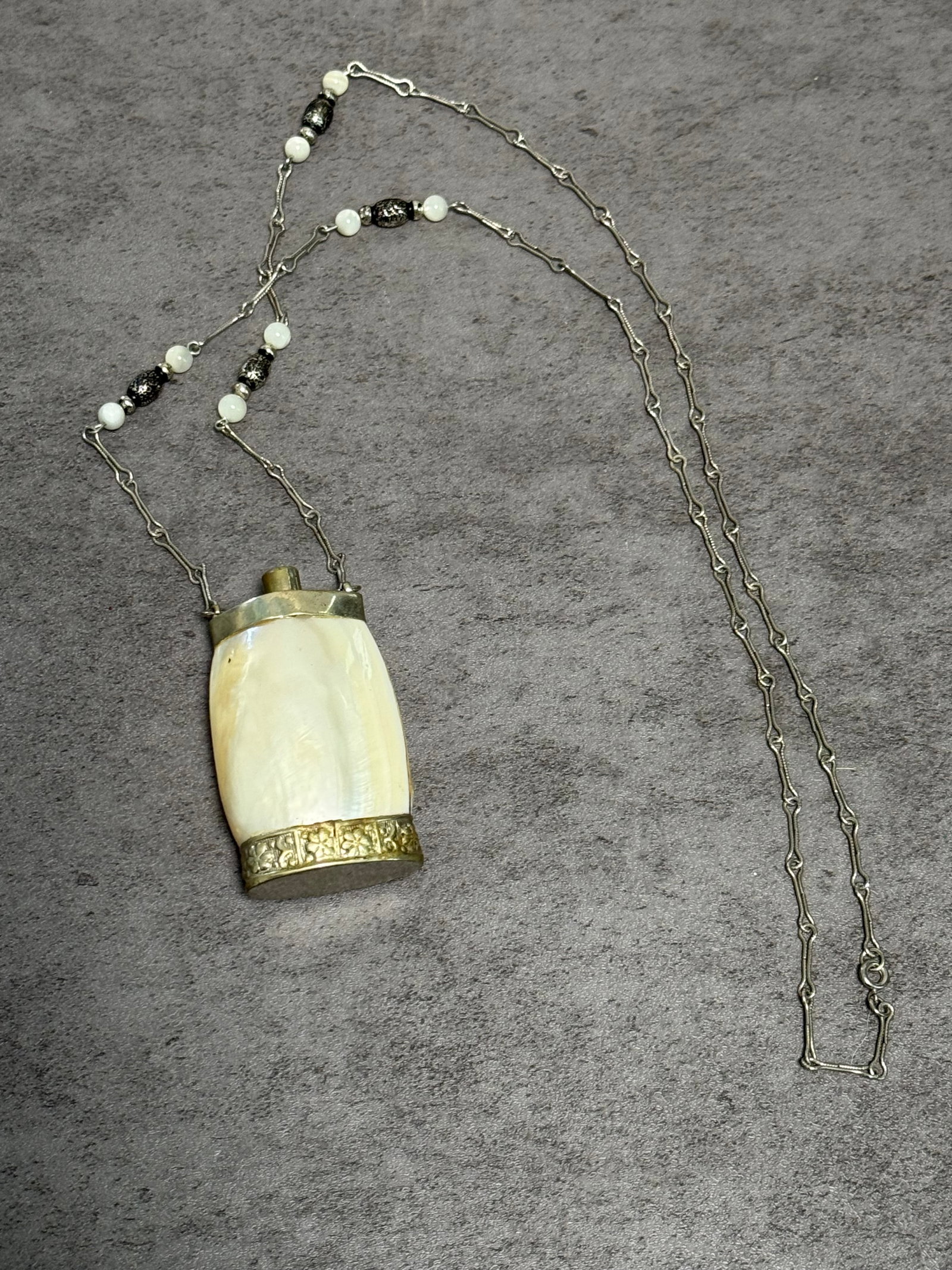 Vintage Mother of Pearl Snuff Bottle Necklace: Ornate Metal Trim - 2