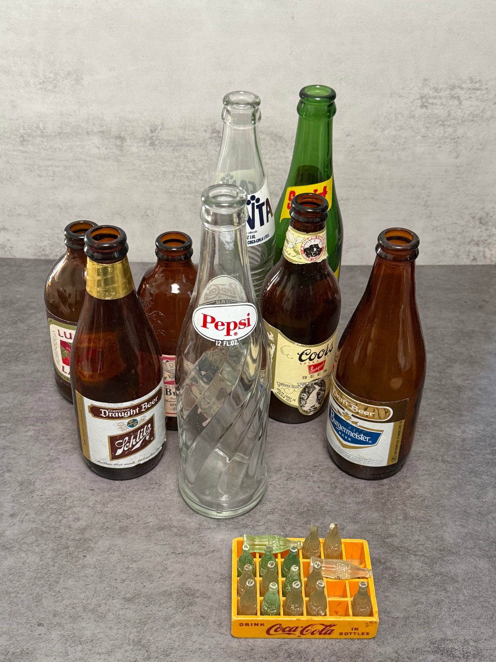 Vintage Soda & Beer Bottle Group With Mini Coca-Cola Crate (1 of 2)