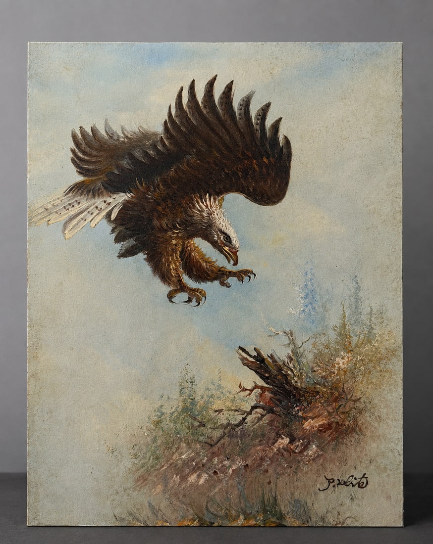 SIGNED VERTICAL BALD EAGLE LANDSCAPE OIL PAINTING (1 of 2)