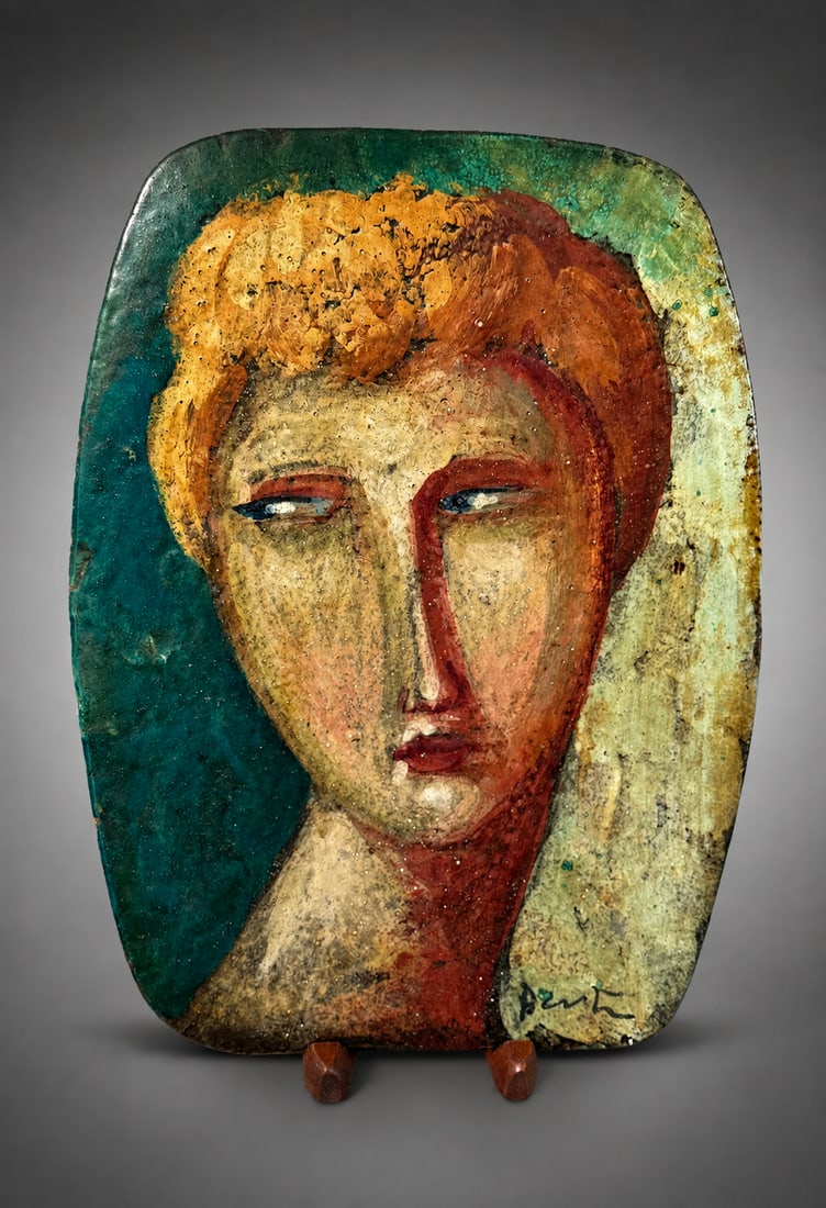 ALVARO CARTEI SIGNED ITALIAN HAND-PAINTED CERAMIC PORTRAIT PLAQUE: A signed Italian hand-painted ceramic portrait plaque by Alvaro Cartei (1911–1995), featuring a stylized female portrait rendered in rich green, ochre, red and cream tones. The irregular free-form c