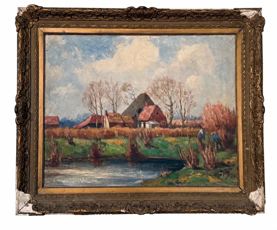 1919 Signed European Rural Landscape Oil on Canvas, 25 x 21 in: A finely executed oil on canvas depicting a tranquil European countryside with farmhouses, trees, and a reflective body of water beneath a cloud-filled sky. Signed and dated 1919 at the lower right, t