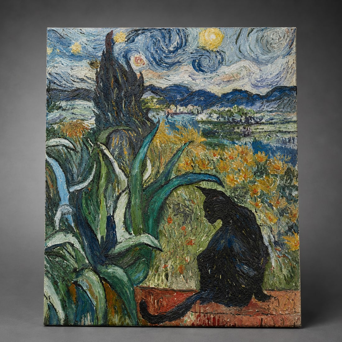 Post-Impressionist Style Oil on Canvas Depicting a Black Cat, 24 x 20 in.: An oil on canvas executed in a bold Post-Impressionist style, depicting a black cat seated before a vibrant landscape of flowering plants, rolling hills, and swirling skies. Heavy impasto brushwork an