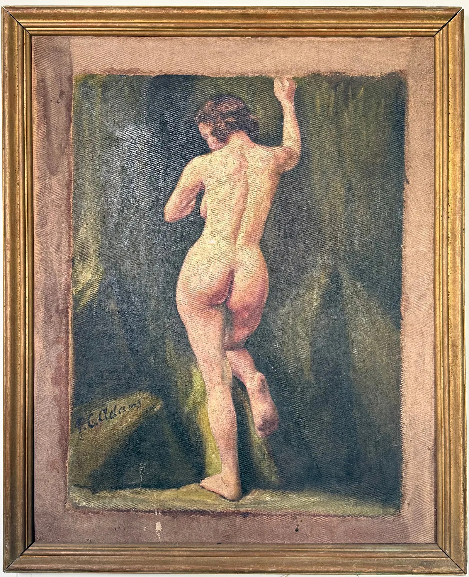 Double-Sided Figural Oil on Canvas, Nude and Genre Scene,33 x 27 in.: A double-sided oil on canvas featuring two distinct hand-painted compositions. One side depicts a traditional academic-style study of a standing female nude viewed from the back, while the reverse pre