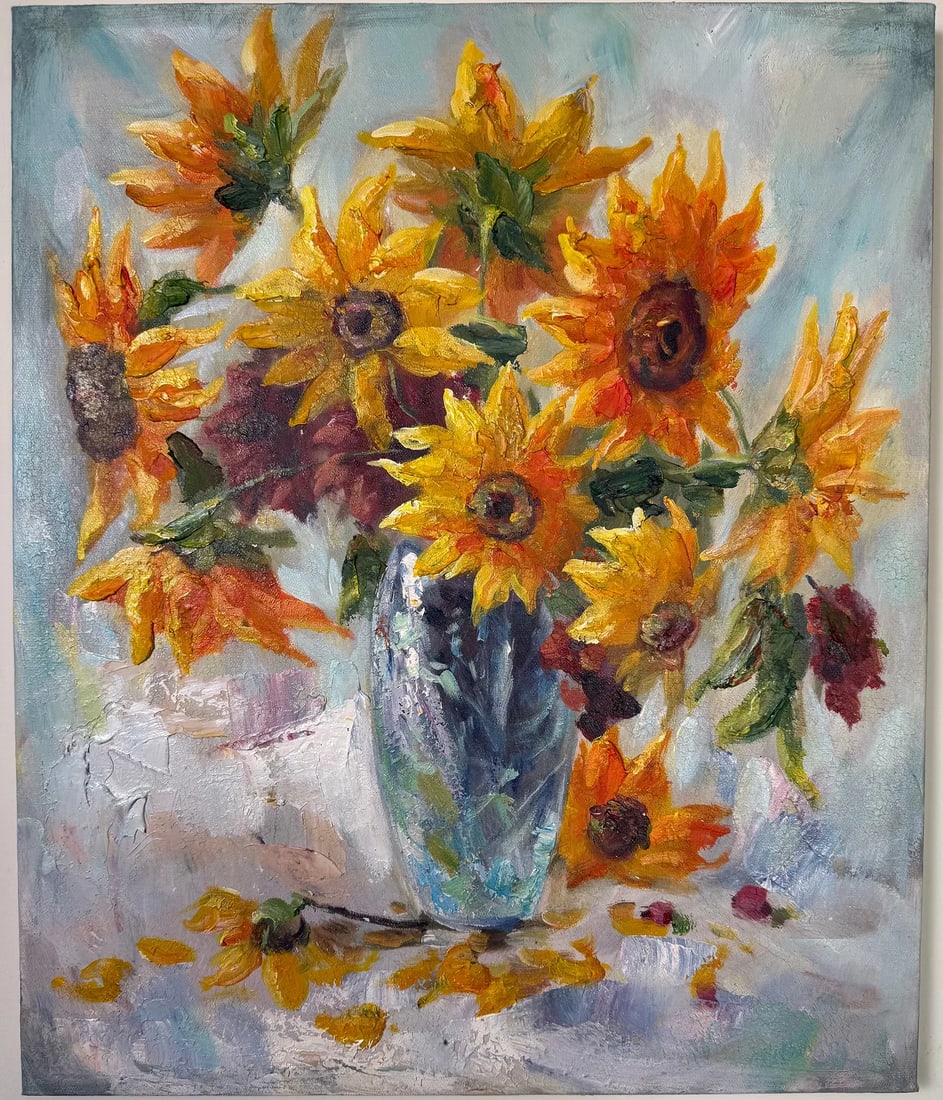 Contemporary Floral Still Life Oil on Canvas, 24 x 20 in.: A contemporary oil on canvas depicting a vibrant bouquet of sunflowers arranged in a blue glass vase. Rendered with expressive brushwork and rich impasto, the composition features warm golden blossoms