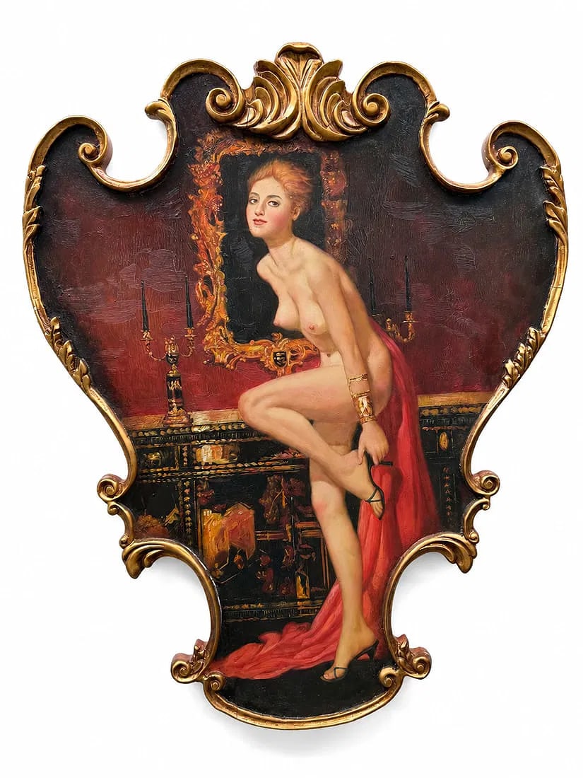 Victorian Style Figural Oil Painting on Shaped Wooden Panel with Gilt Frame: Decorative oil painting on a shaped wooden panel depicting a Victorian-style female figure in an elegant boudoir interior. The panel is surrounded by an ornate gilt-painted carved wood border with scr