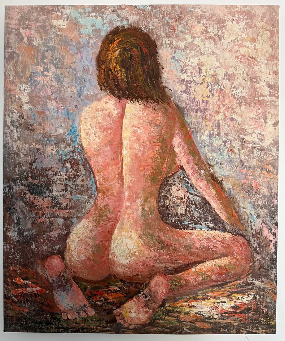 Contemporary Impressionist Nude Female Oil Painting on Canvas, 24 x 20 Inches: An original contemporary oil painting on canvas depicting a seated female nude viewed from the back. Executed with expressive palette knife and impasto techniques, the composition features rich textur